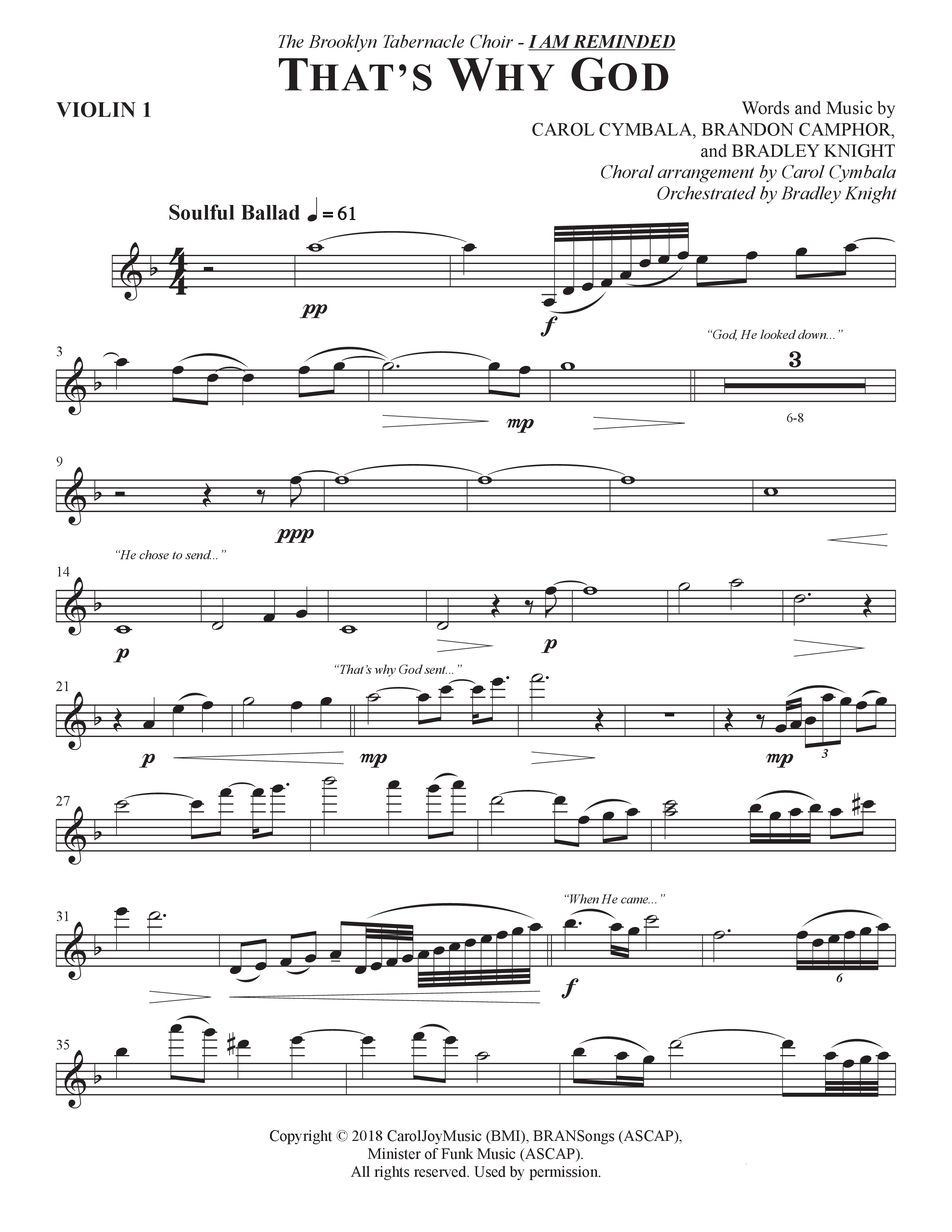 That's Why God (Choral Anthem SATB) Violin 1 (The Brooklyn Tabernacle Choir / Arr. Carol Cymbala / Orch. Bradley Knight)