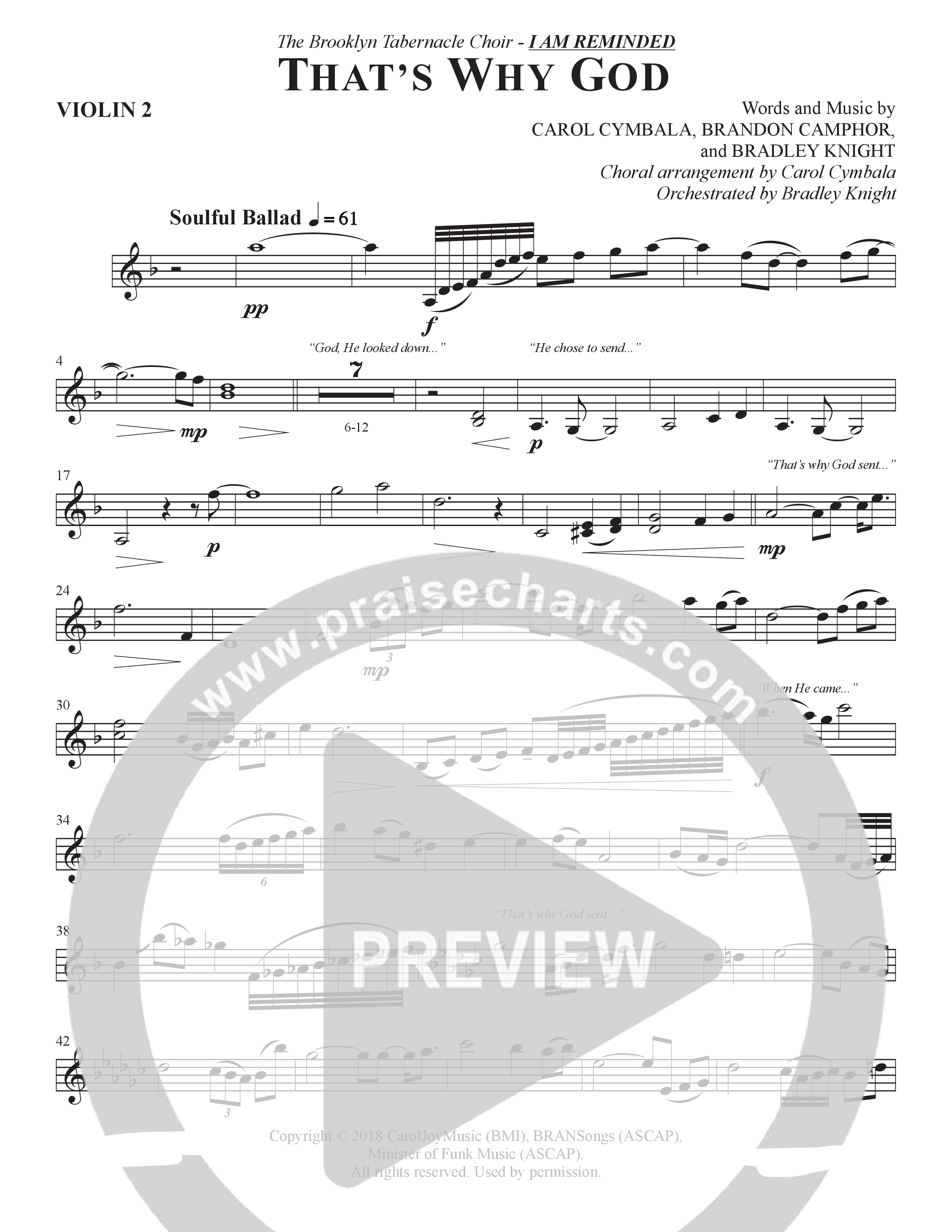That's Why God (Choral Anthem SATB) Violin 2 (The Brooklyn Tabernacle Choir / Arr. Carol Cymbala / Orch. Bradley Knight)