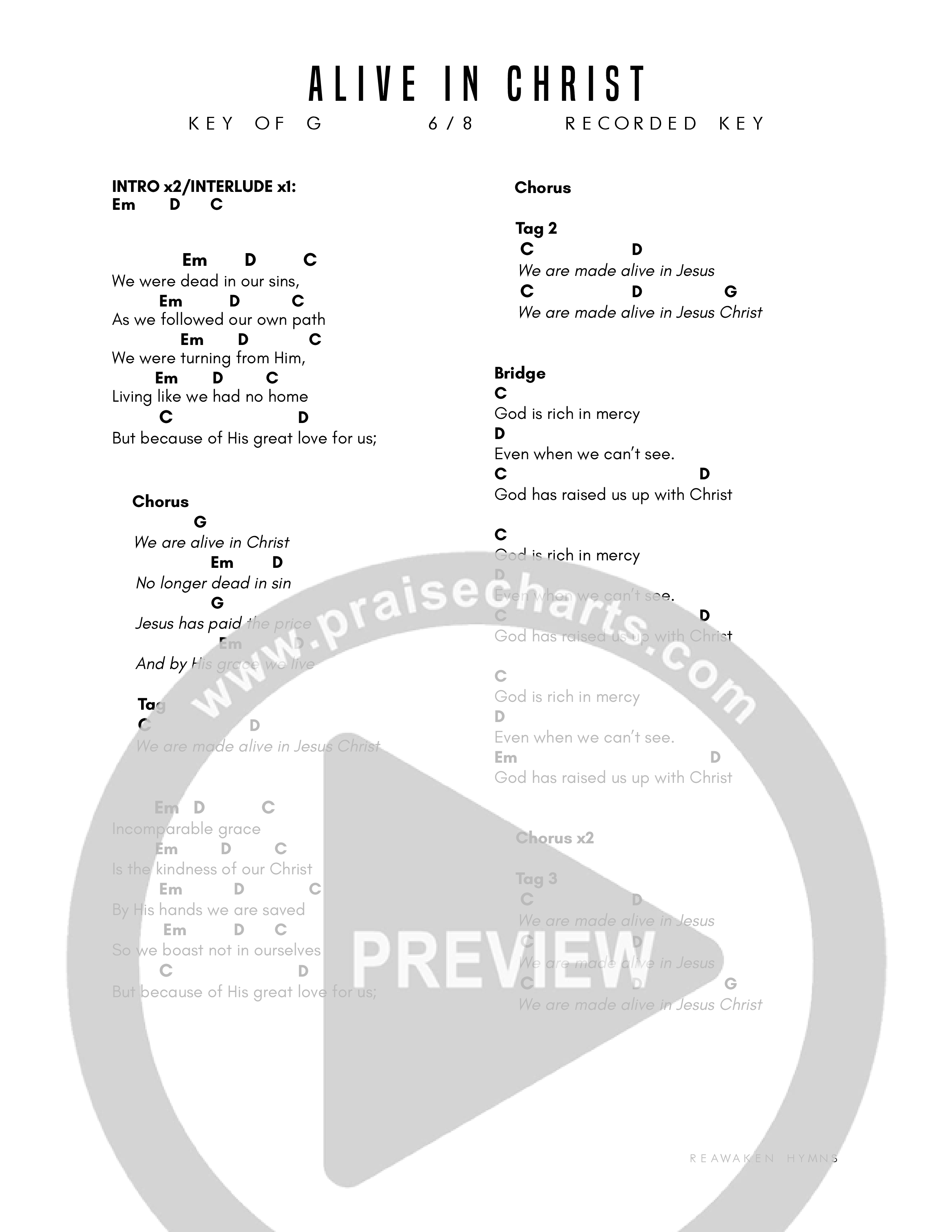 Alive In Christ Chord Chart (Reawaken Hymns)