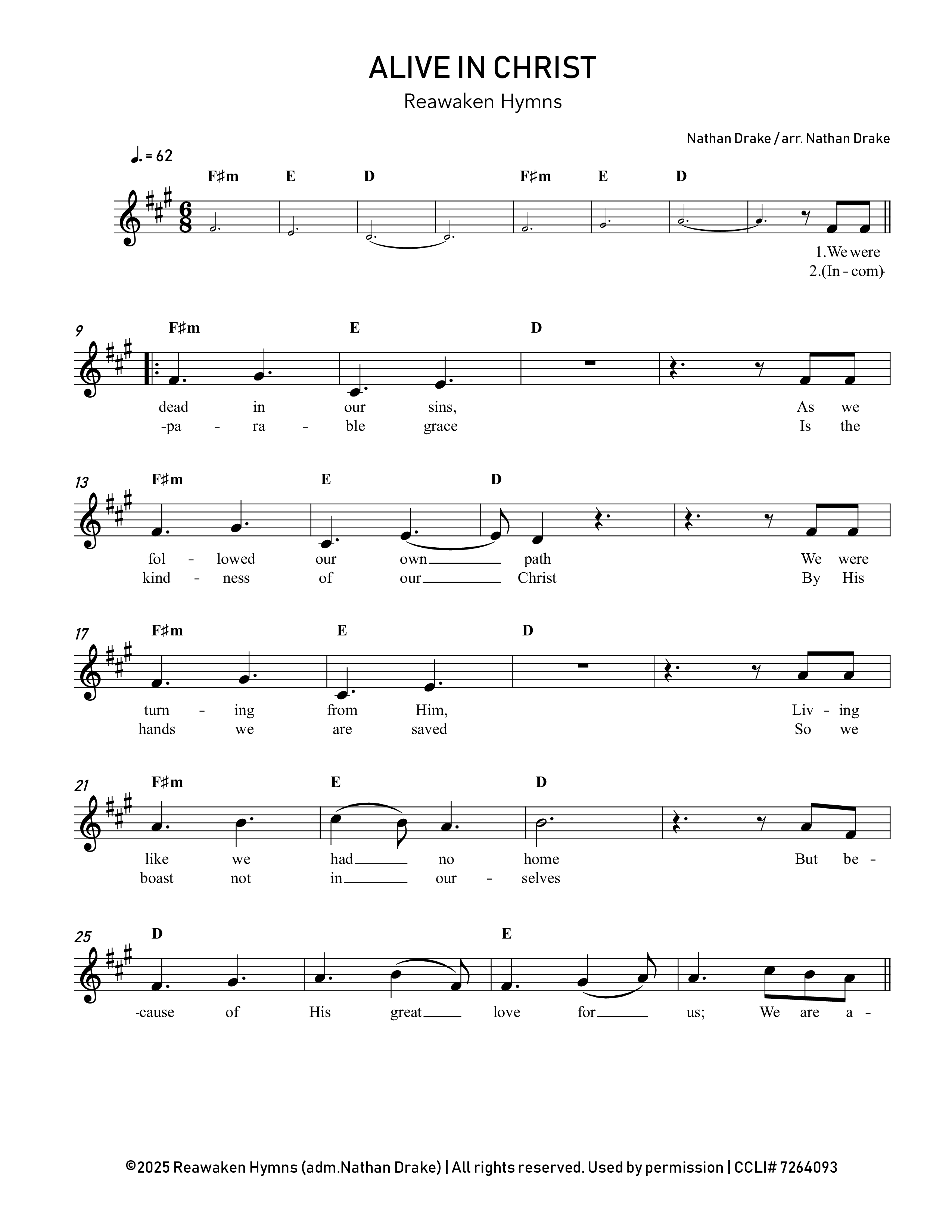 Alive In Christ Lead Sheet Melody (Reawaken Hymns)