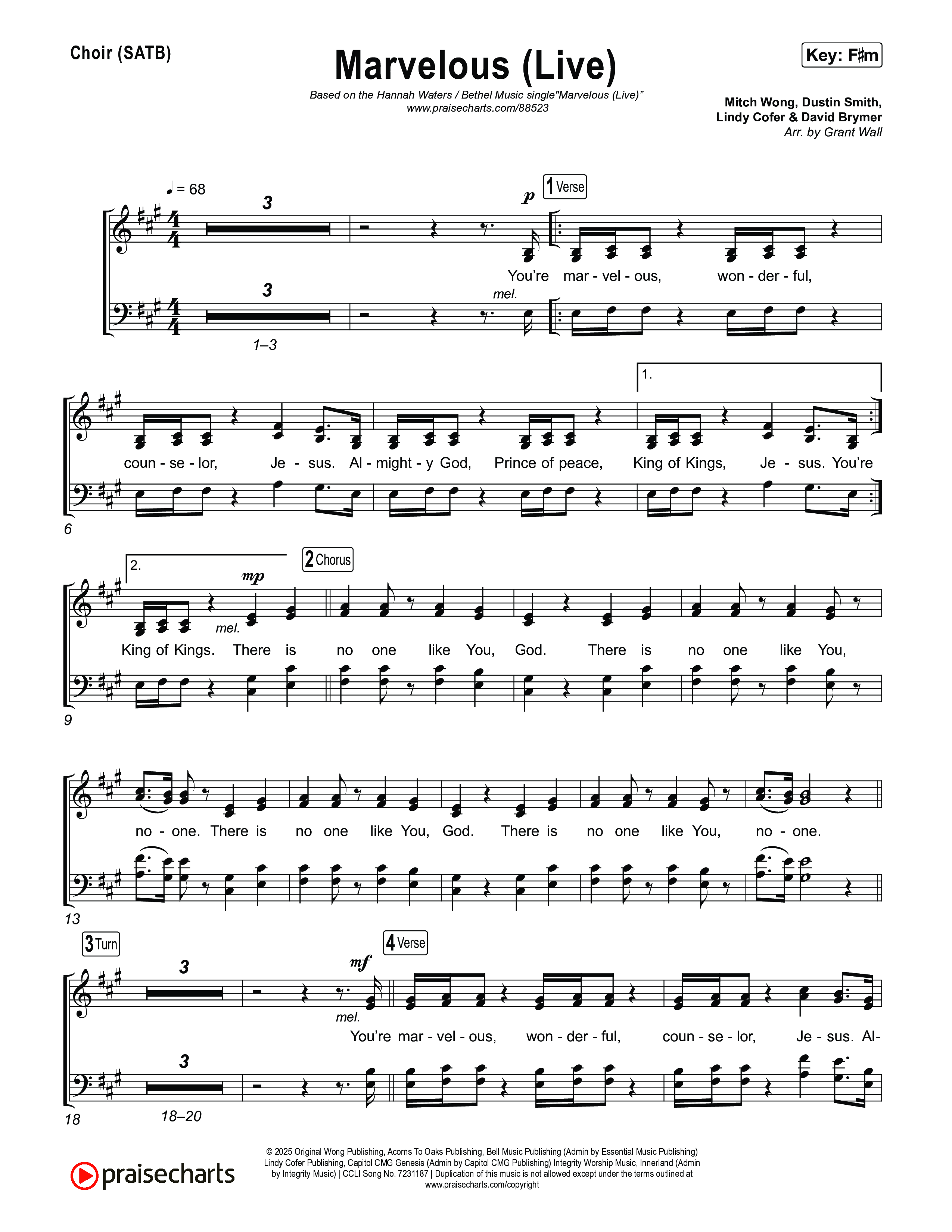 Marvelous (Live) Choir Sheet (SATB) (Bethel Music / Hannah Waters)