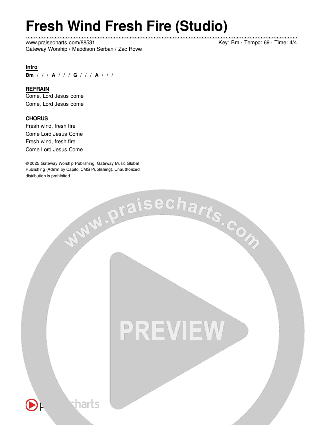 Fresh Wind Fresh Fire (Studio) Chords & Lyrics (Gateway Worship / Maddison Serban / Zac Rowe)