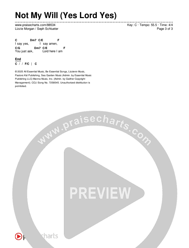 Not My Will (Yes Lord Yes) Chords & Lyrics (Lizzie Morgan / Seph Schlueter)