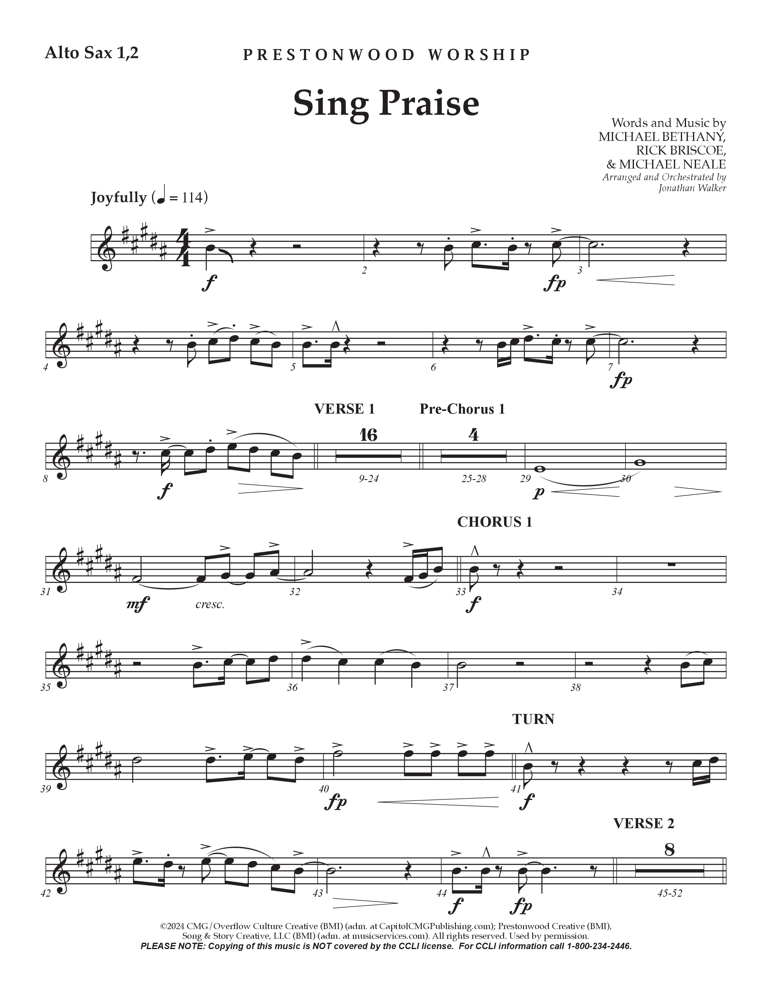 Sing Praise (Choral Anthem SATB) Alto Sax 1/2 (Prestonwood Worship / Arr. Jonathan Walker)