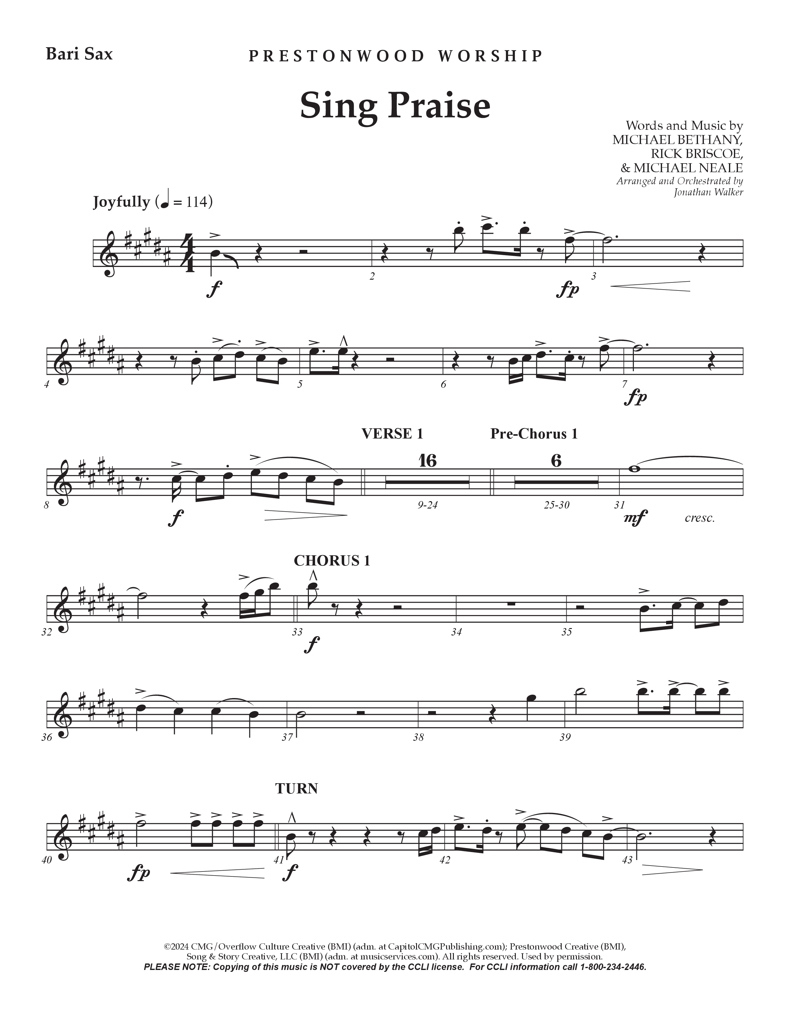 Sing Praise (Choral Anthem SATB) Bari Sax (Prestonwood Worship / Arr. Jonathan Walker)