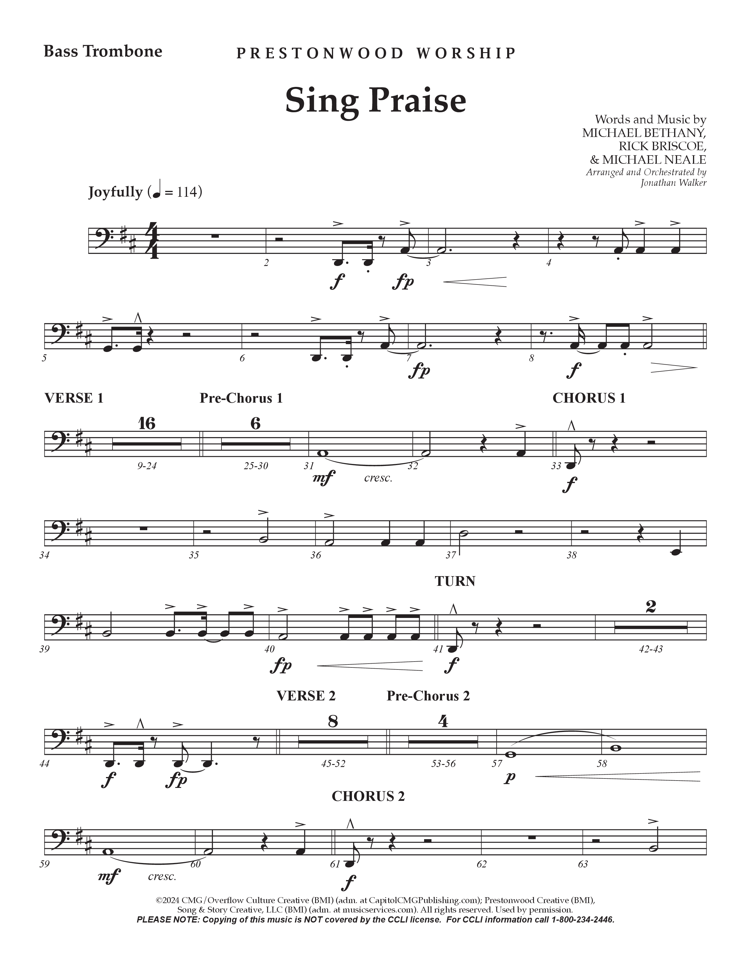 Sing Praise (Choral Anthem SATB) Bass Trombone (Prestonwood Worship / Arr. Jonathan Walker)