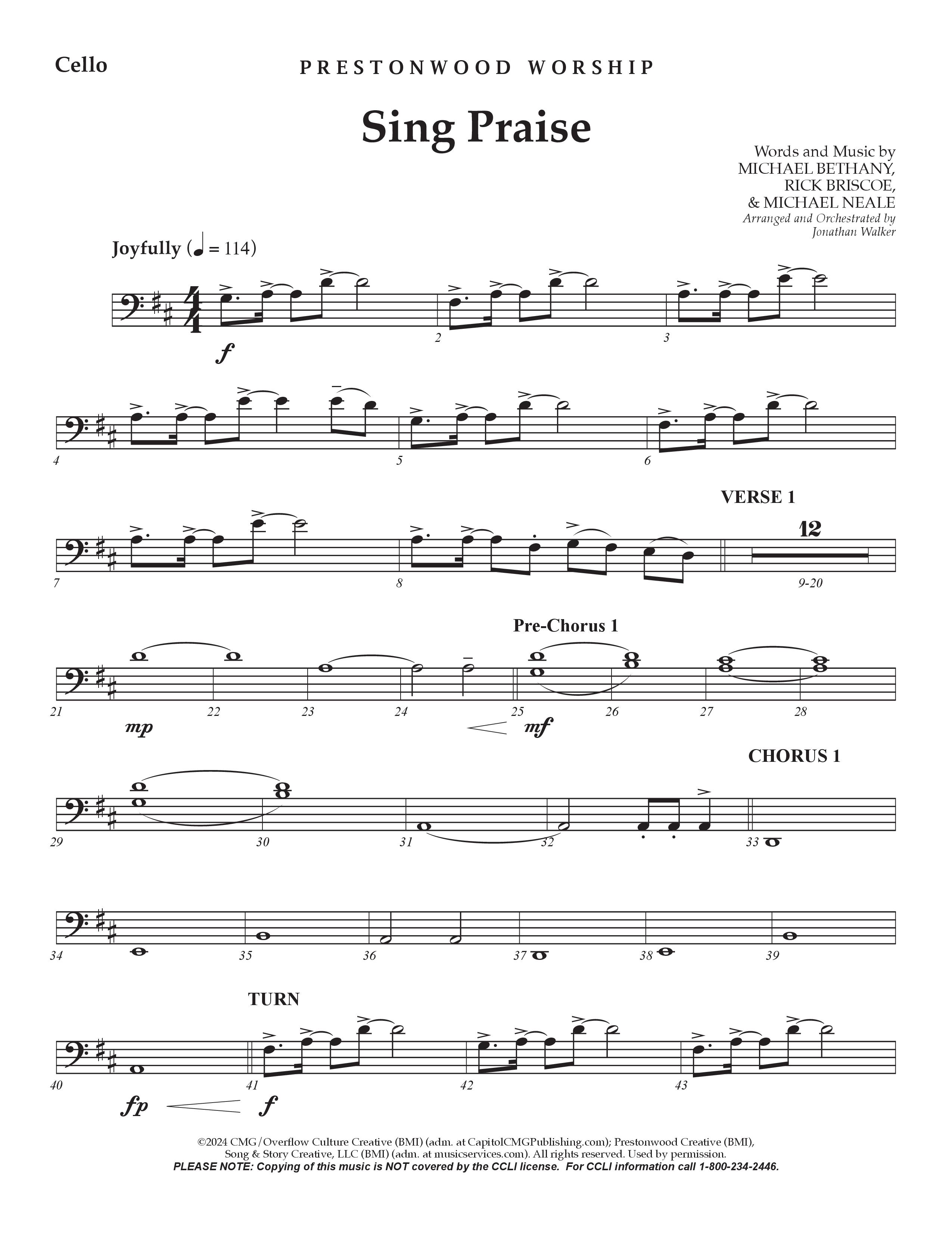 Sing Praise (Choral Anthem SATB) Cello (Prestonwood Worship / Arr. Jonathan Walker)