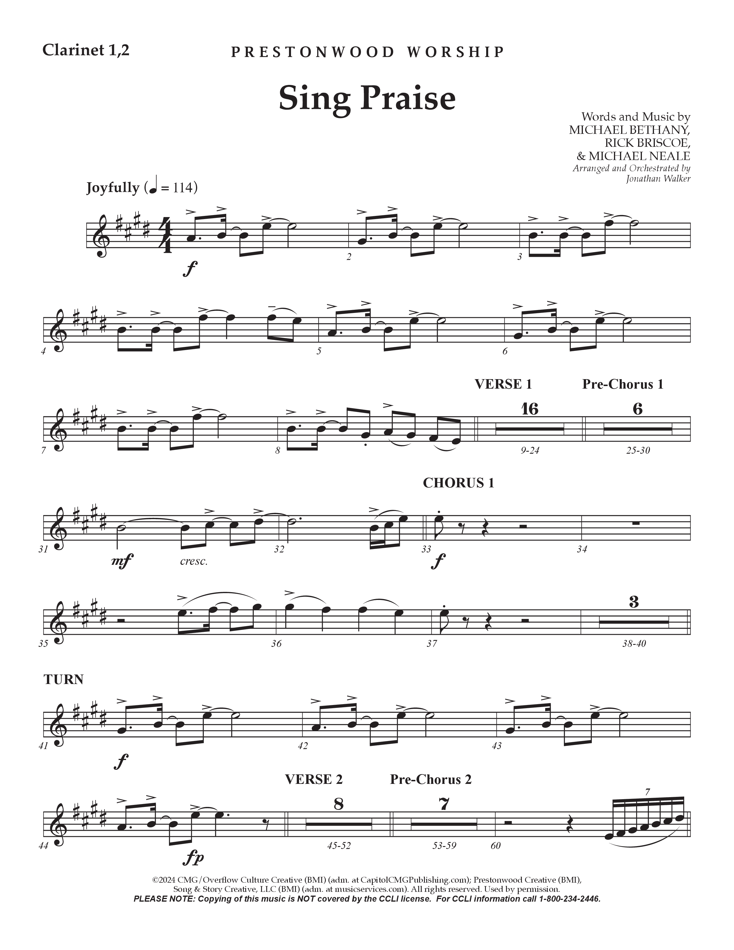 Sing Praise (Choral Anthem SATB) Clarinet 1/2 (Prestonwood Worship / Arr. Jonathan Walker)
