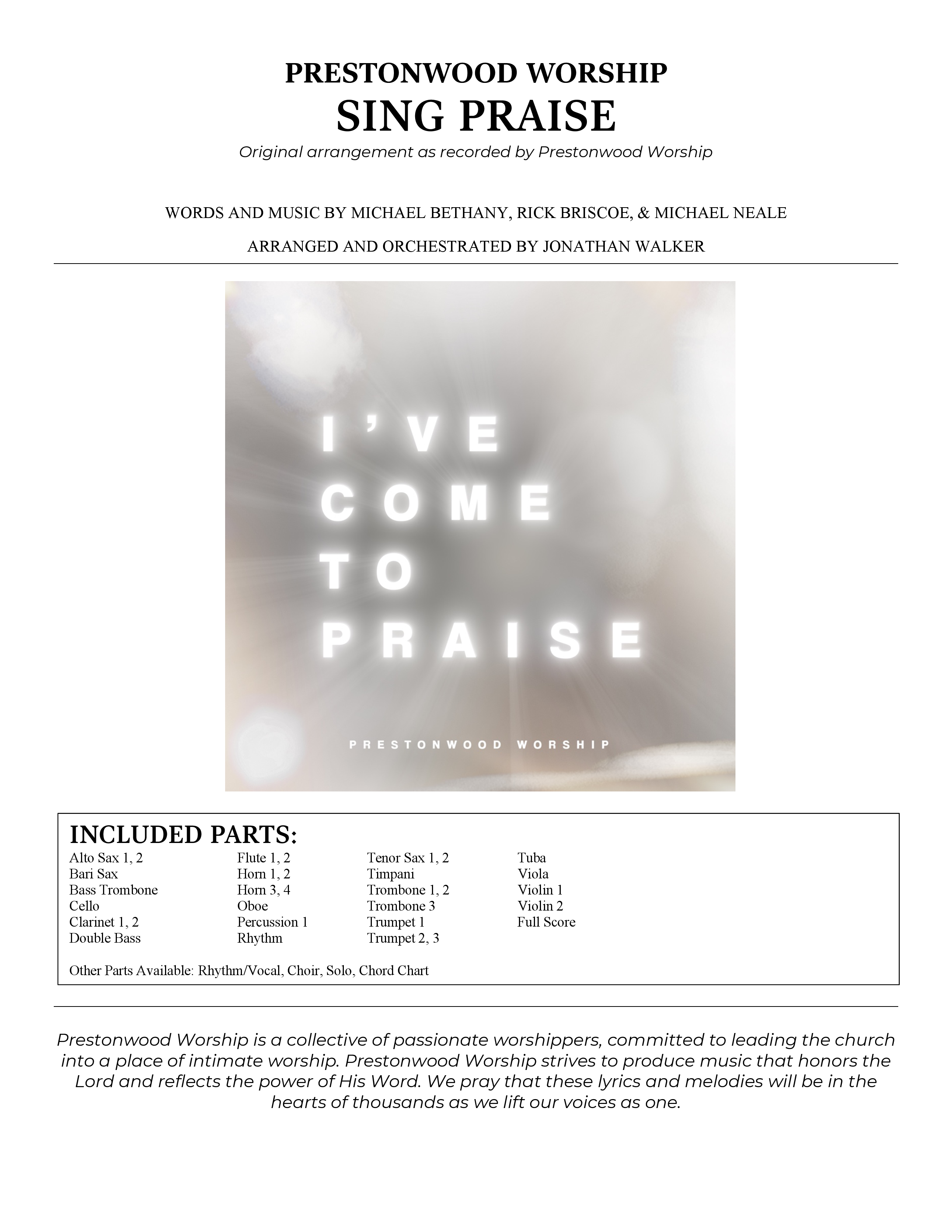 Sing Praise (Choral Anthem SATB) Orchestration (Prestonwood Worship / Arr. Jonathan Walker)