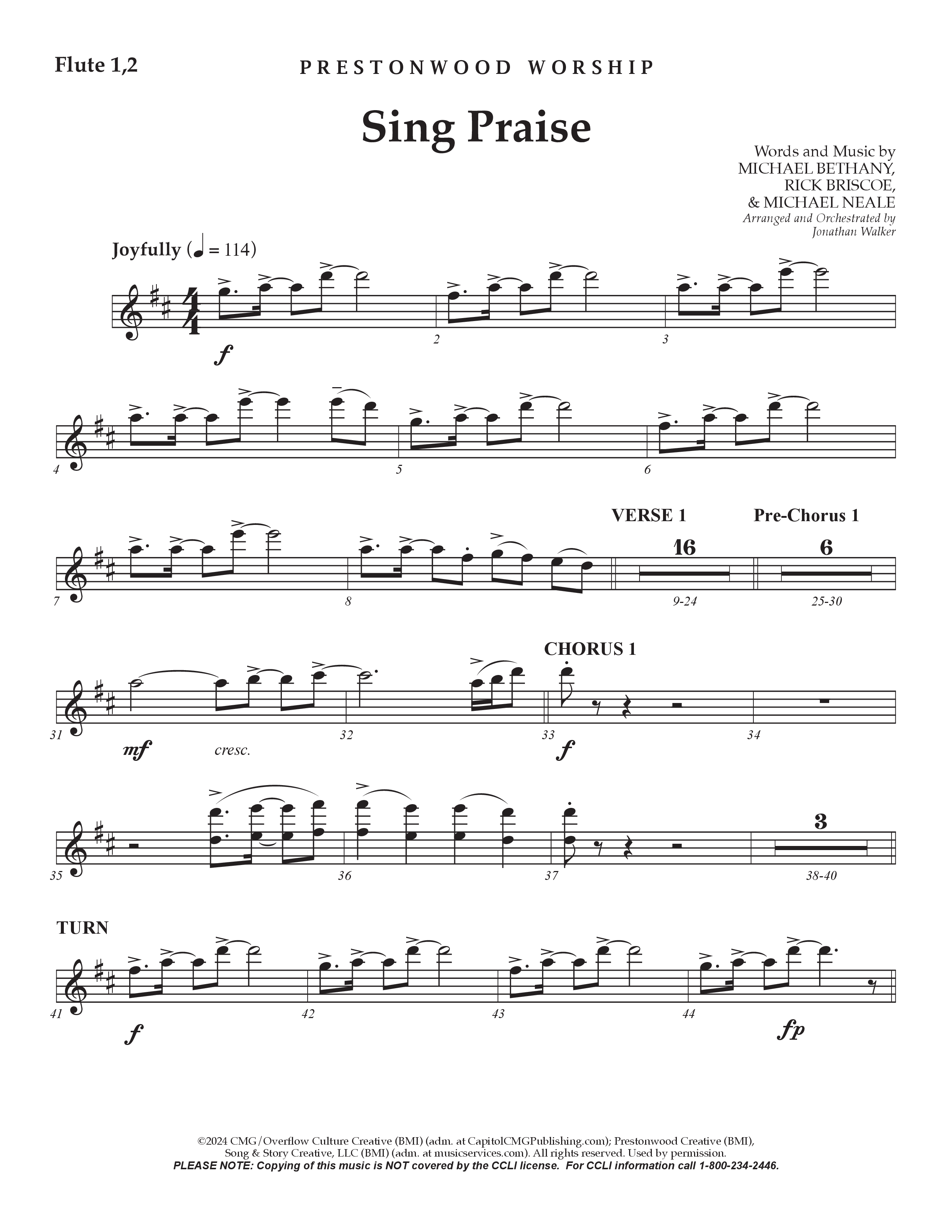 Sing Praise (Choral Anthem SATB) Flute 1/2 (Prestonwood Worship / Arr. Jonathan Walker)