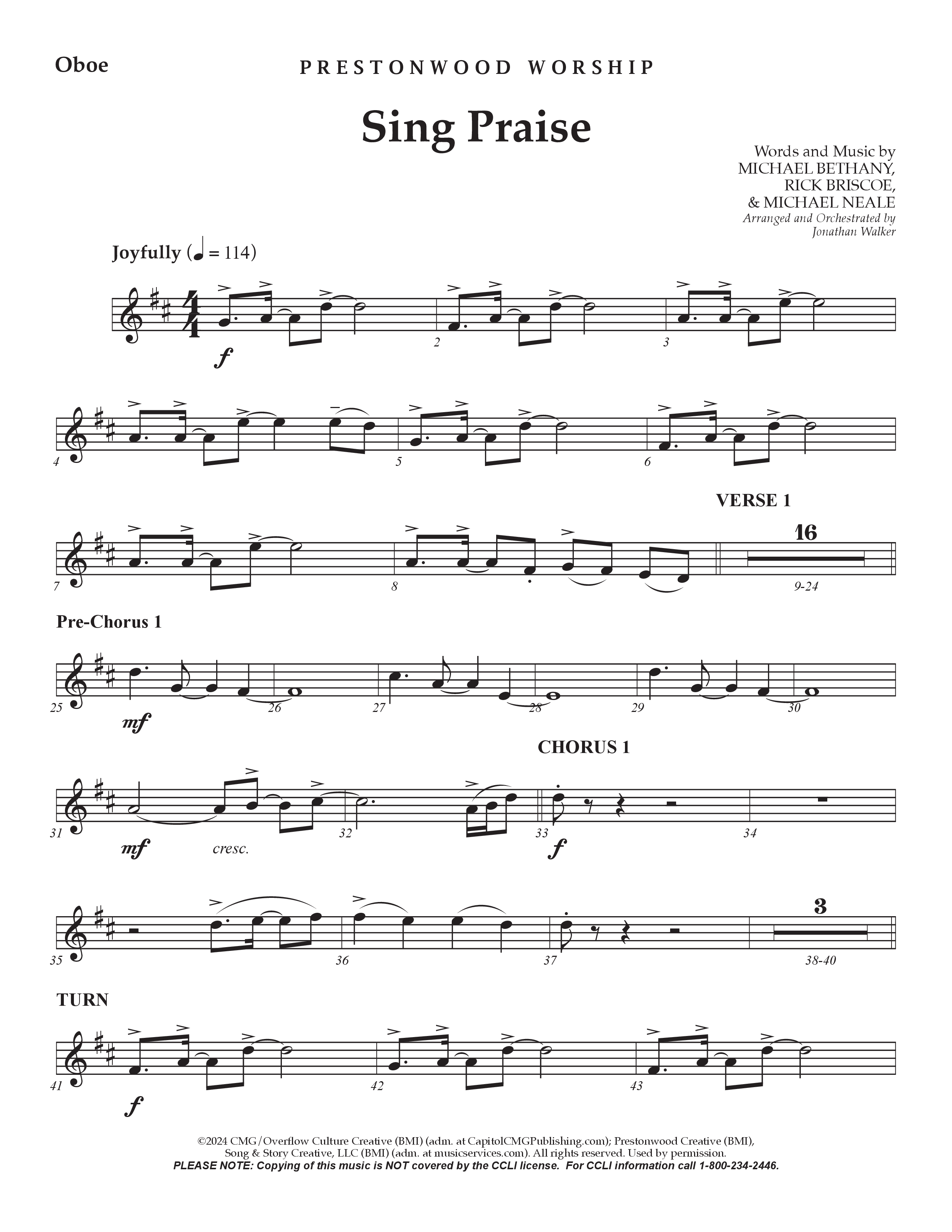 Sing Praise (Choral Anthem SATB) Oboe (Prestonwood Worship / Arr. Jonathan Walker)