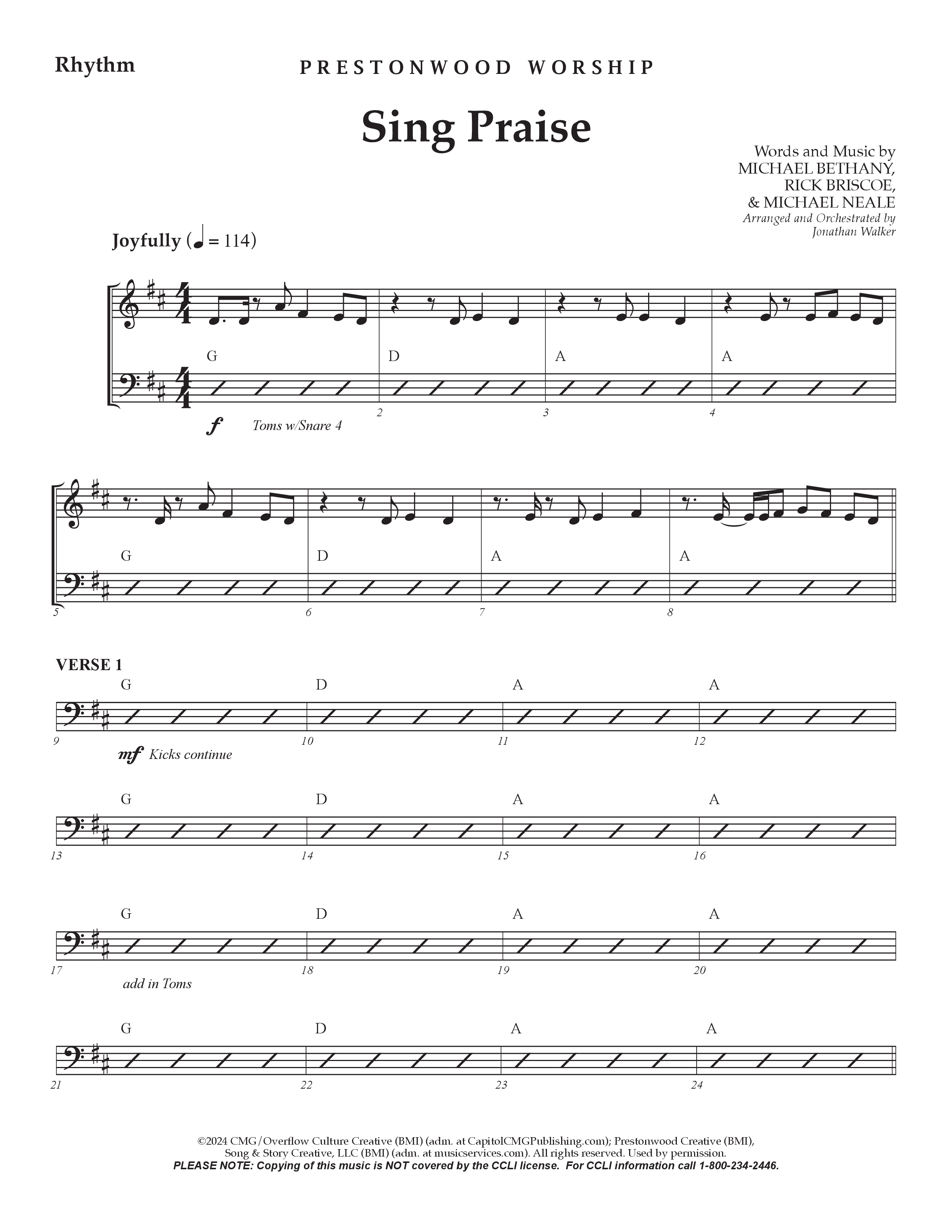 Sing Praise (Choral Anthem SATB) Rhythm Chart (Prestonwood Worship / Arr. Jonathan Walker)