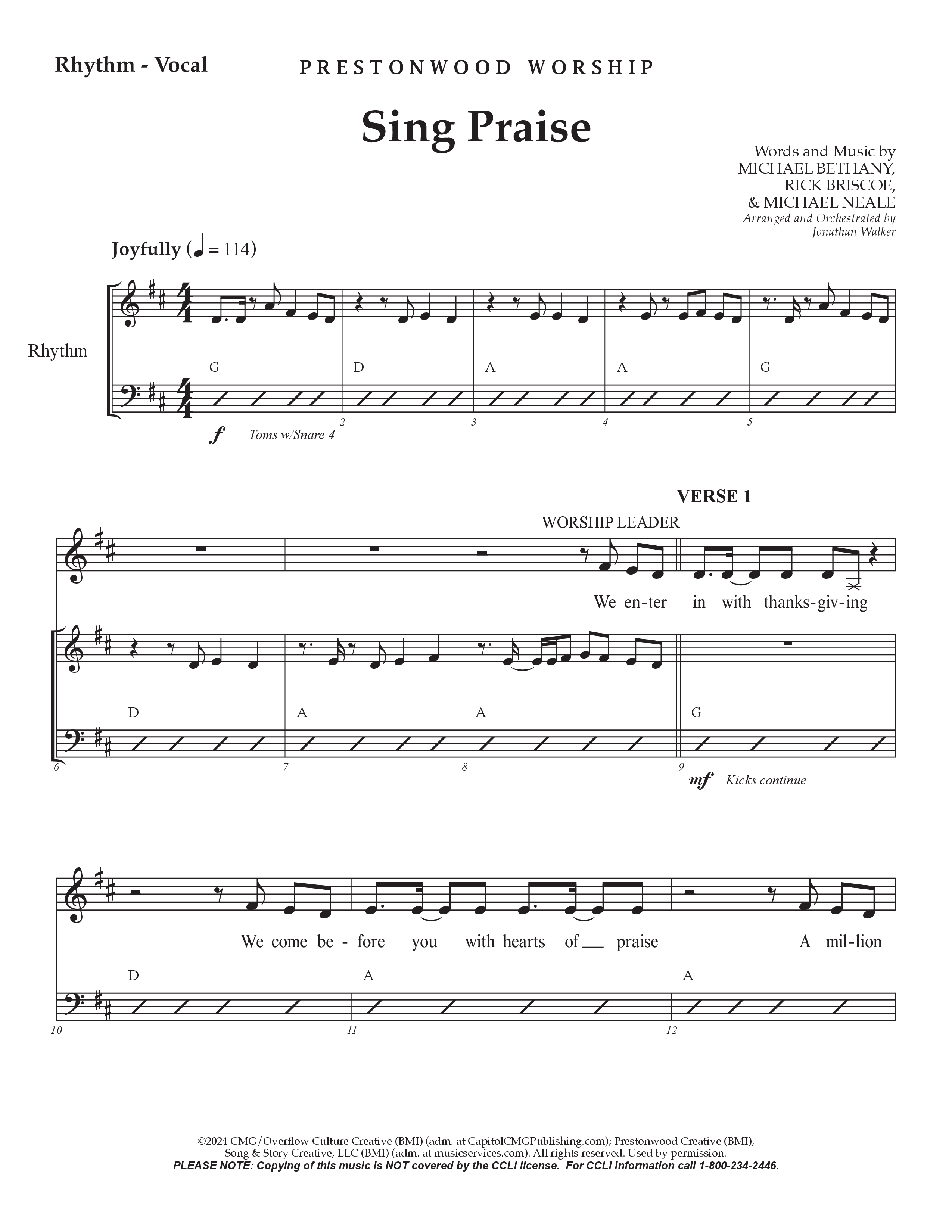 Sing Praise (Choral Anthem SATB) Rhythm/Vocal (Prestonwood Worship / Arr. Jonathan Walker)
