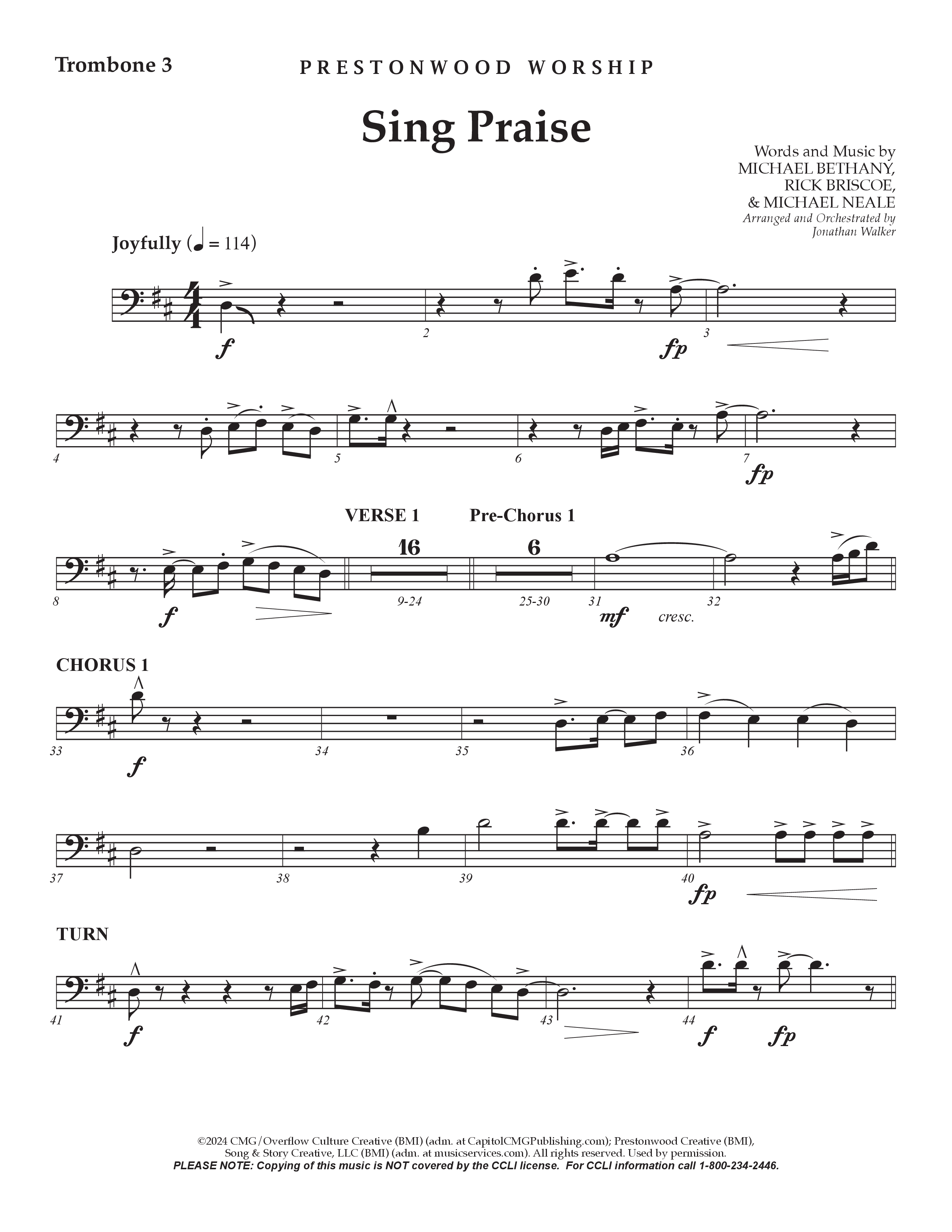 Sing Praise (Choral Anthem SATB) Trombone 3 (Prestonwood Worship / Arr. Jonathan Walker)