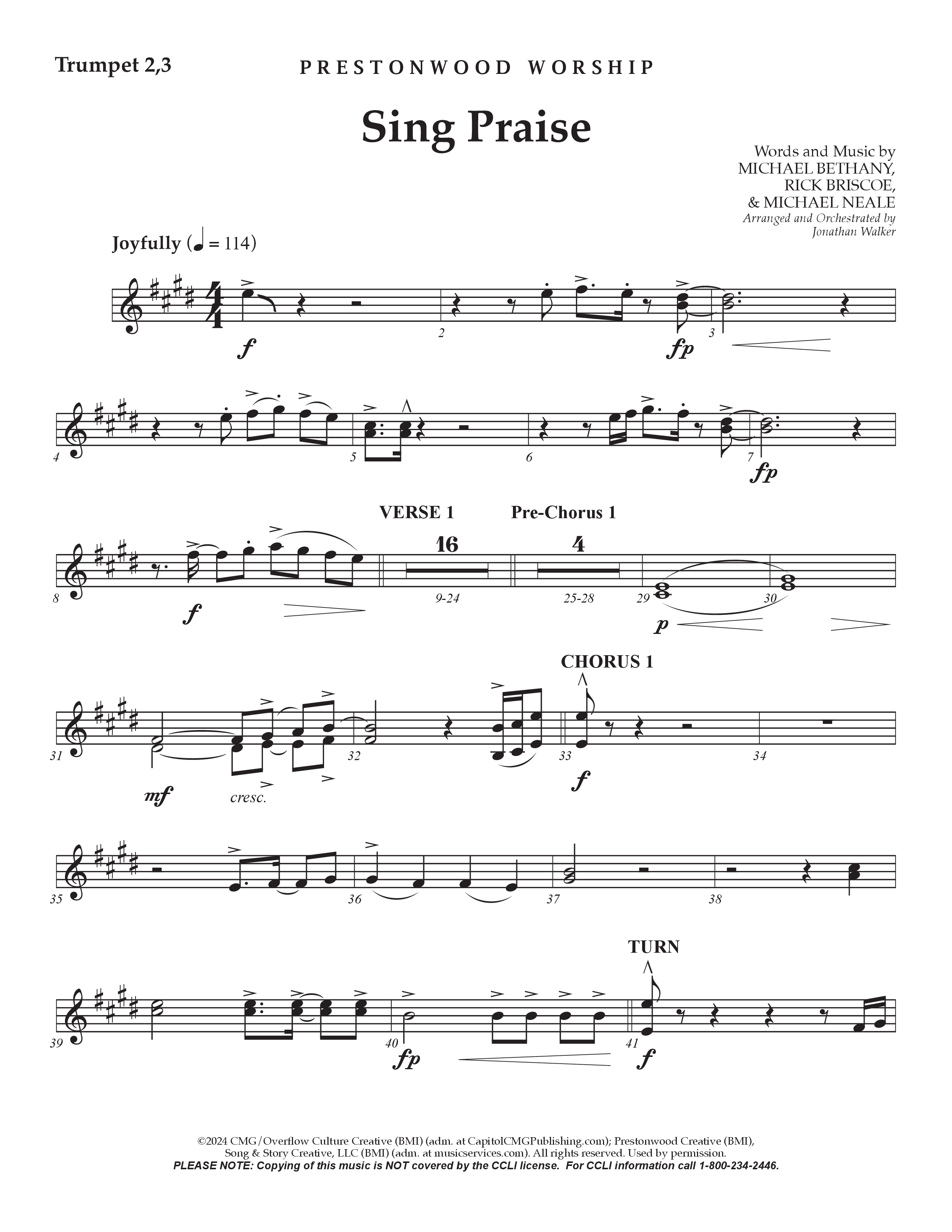 Sing Praise (Choral Anthem SATB) Trumpet 2/3 (Prestonwood Worship / Arr. Jonathan Walker)
