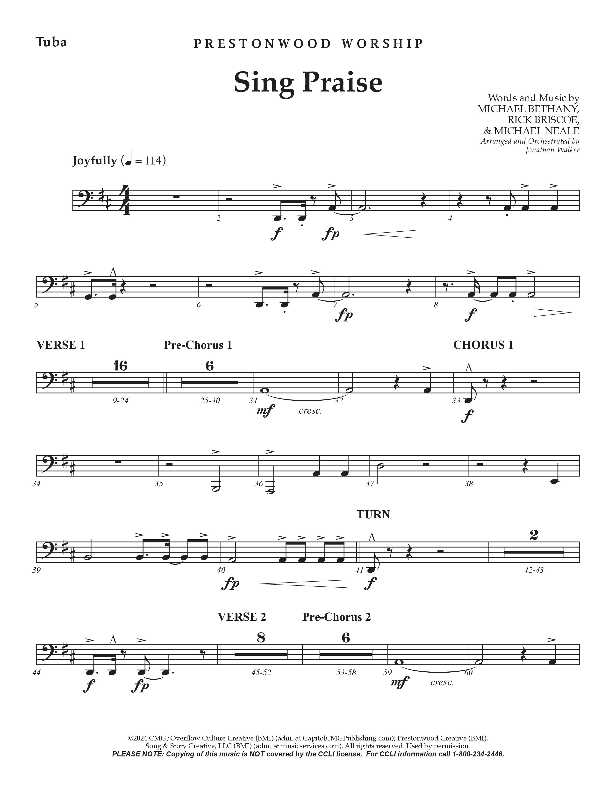 Sing Praise (Choral Anthem SATB) Tuba (Prestonwood Worship / Arr. Jonathan Walker)
