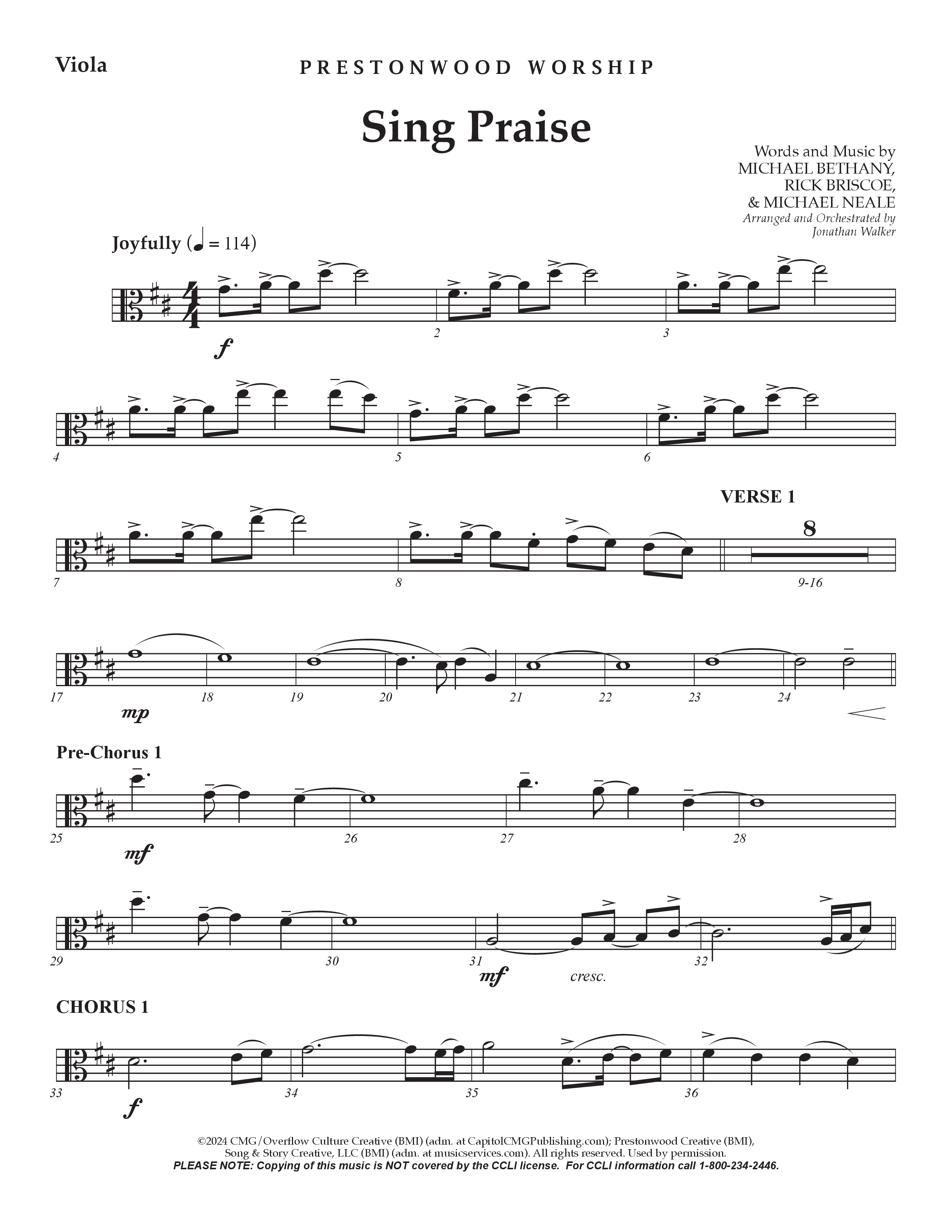 Sing Praise (Choral Anthem SATB) Viola (Prestonwood Worship / Arr. Jonathan Walker)