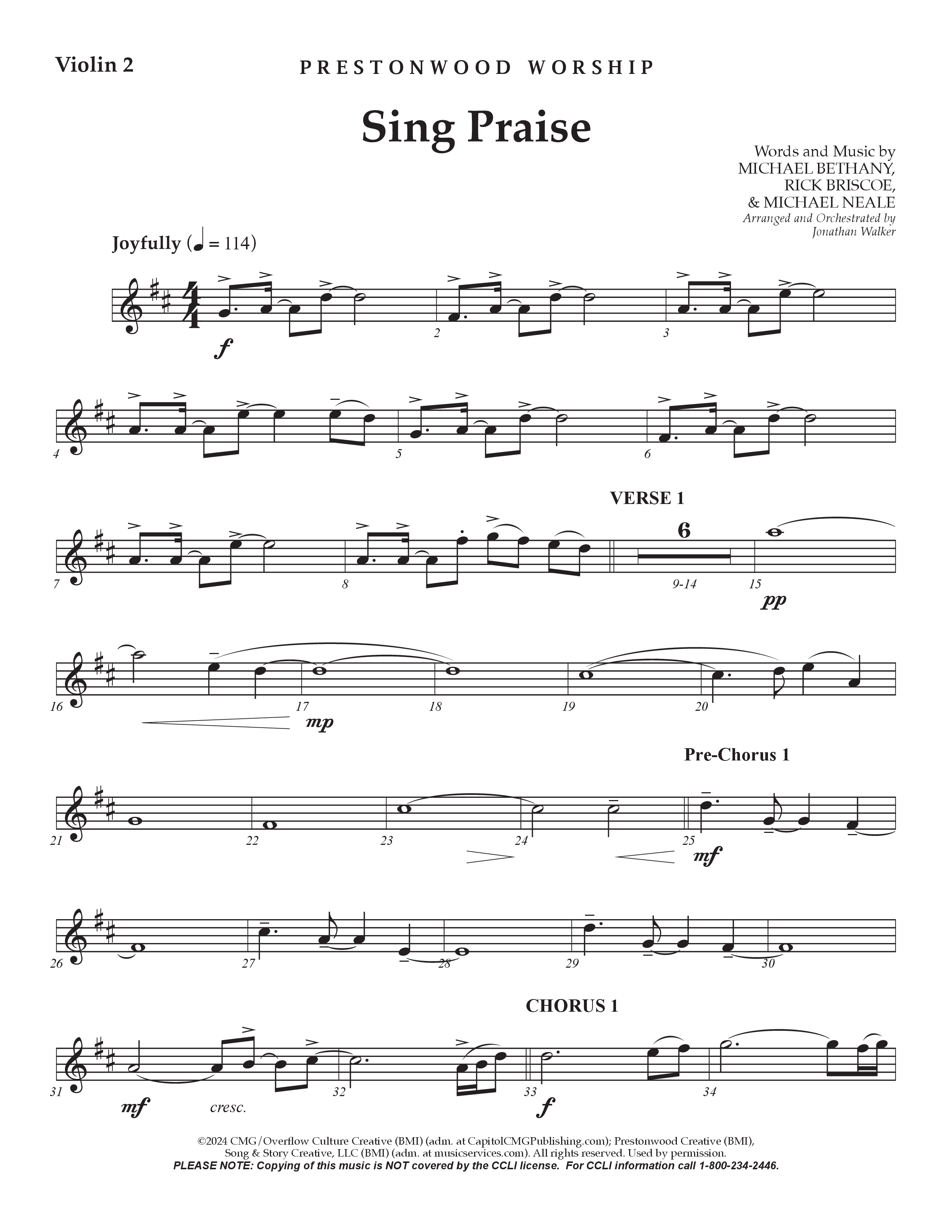 Sing Praise (Choral Anthem SATB) Violin 2 (Prestonwood Worship / Arr. Jonathan Walker)