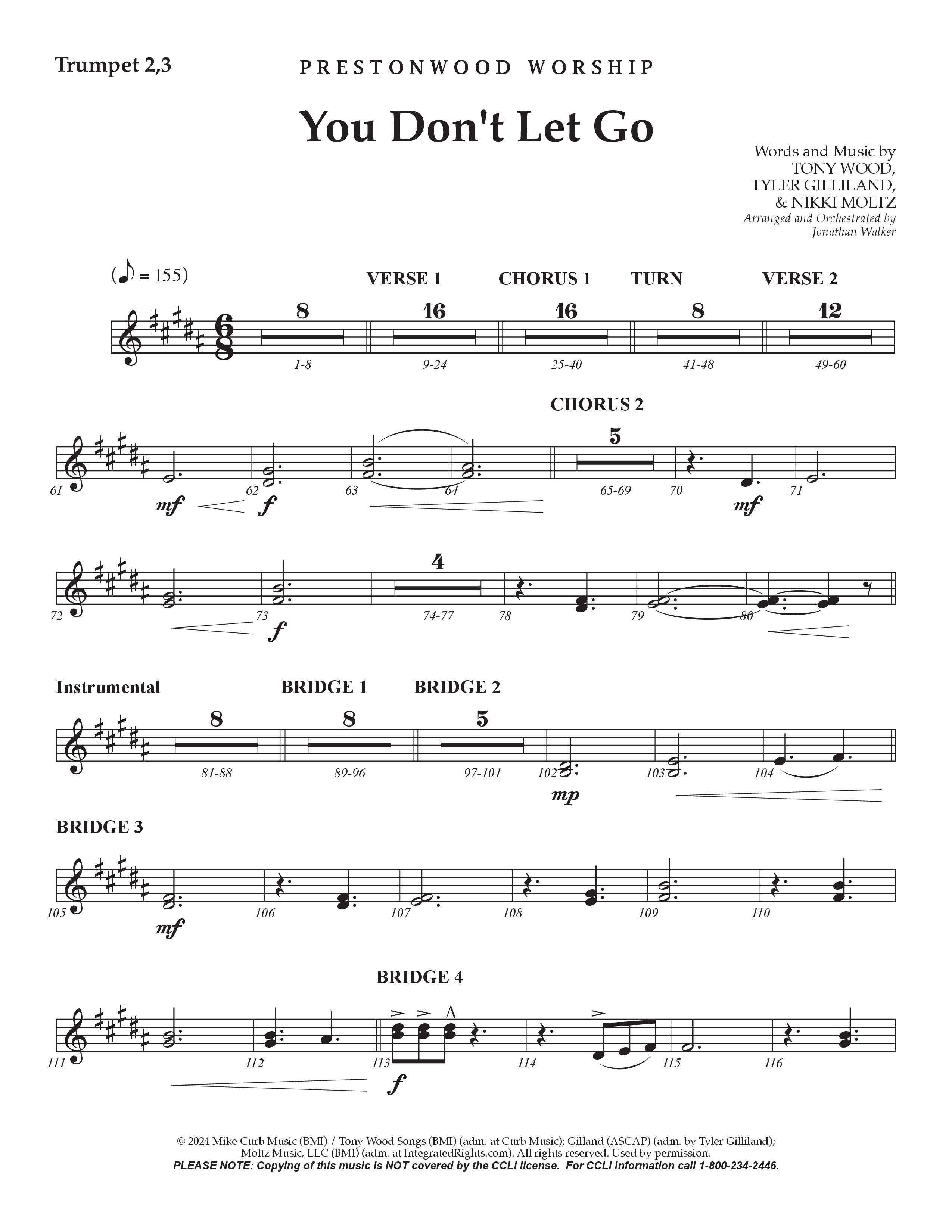 You Don't Let Go (Choral Anthem SATB) Trumpet 2/3 (Prestonwood Worship / Arr. Jonathan Walker)