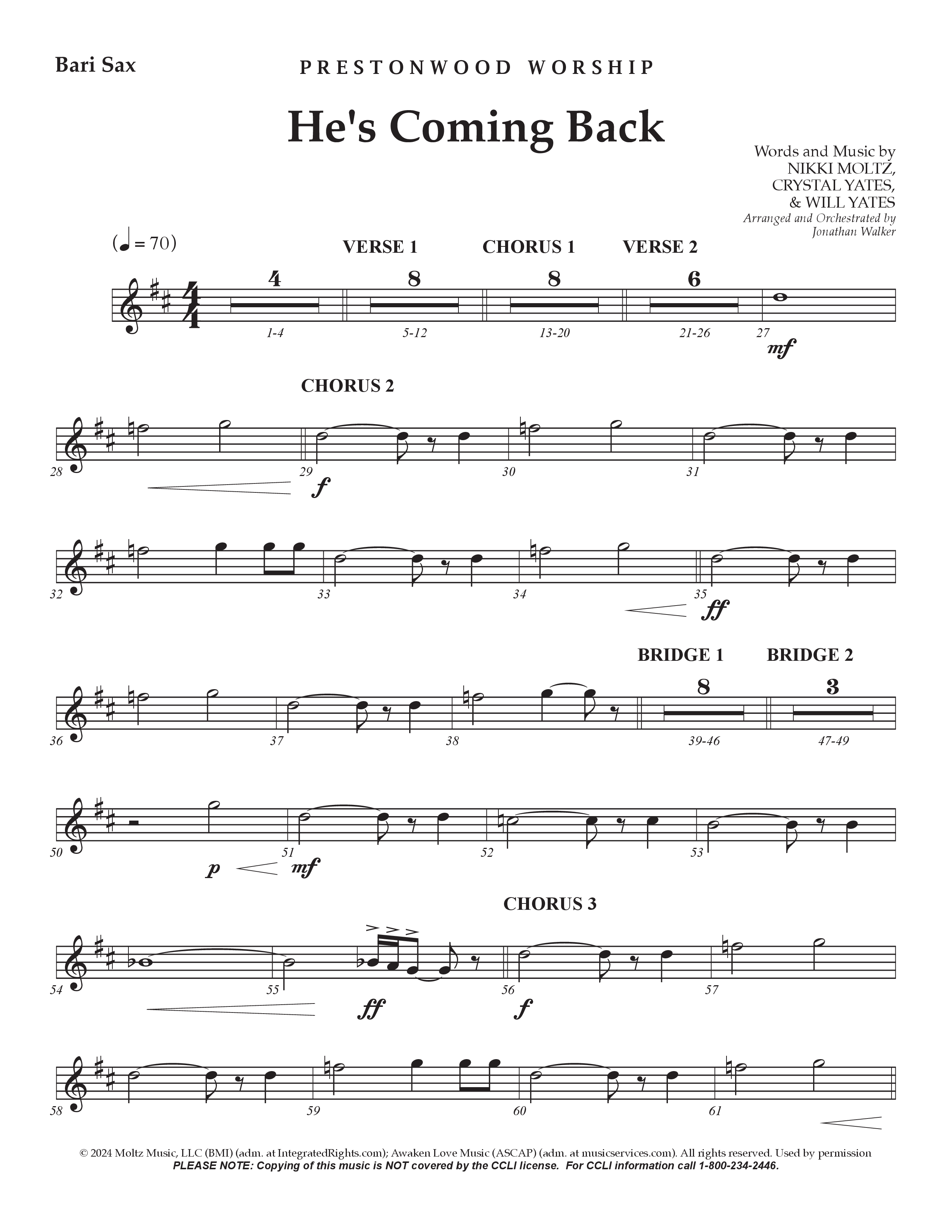 He's Coming Back (Choral Anthem SATB) Bari Sax (Prestonwood Worship / Arr. Jonathan Walker)