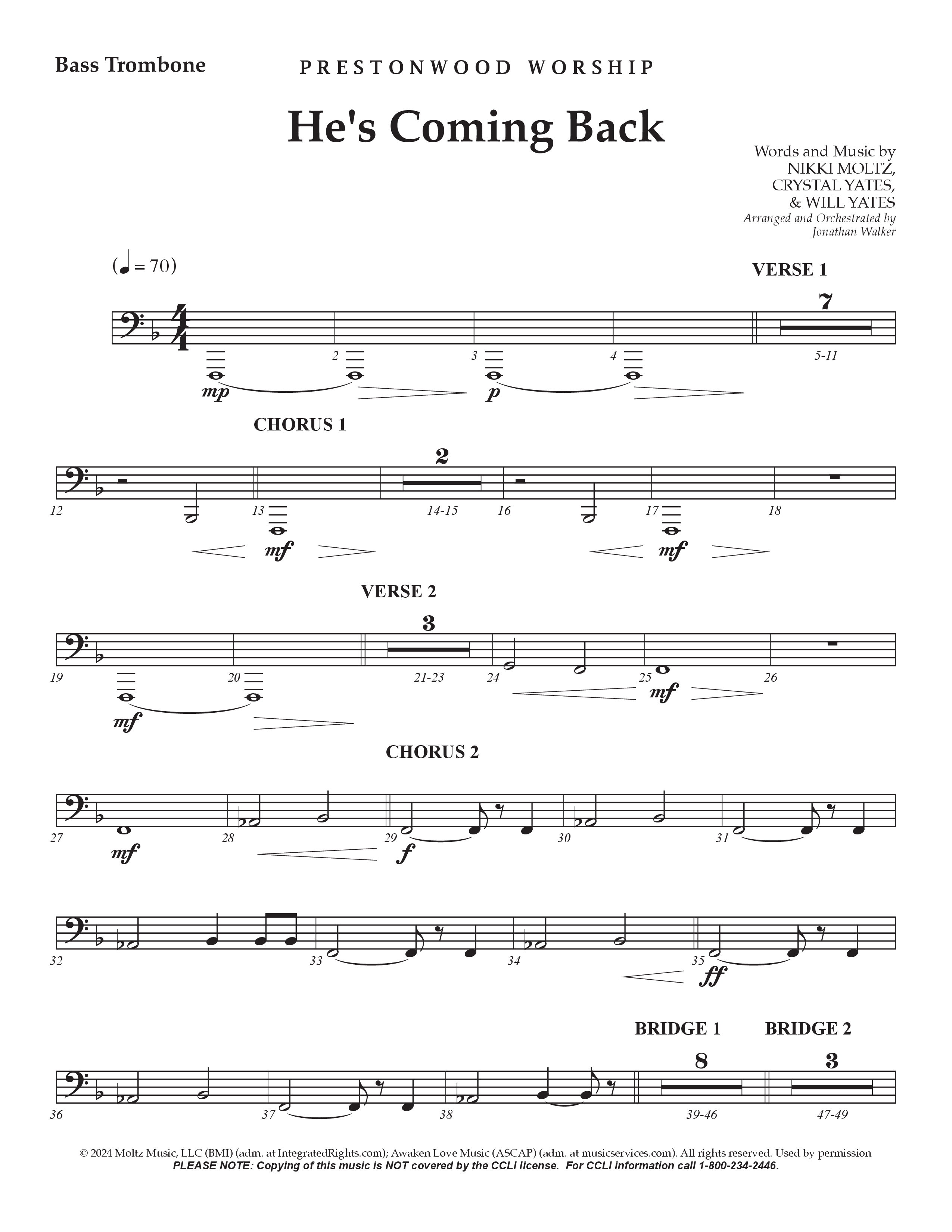 He's Coming Back (Choral Anthem SATB) Bass Trombone (Prestonwood Worship / Arr. Jonathan Walker)