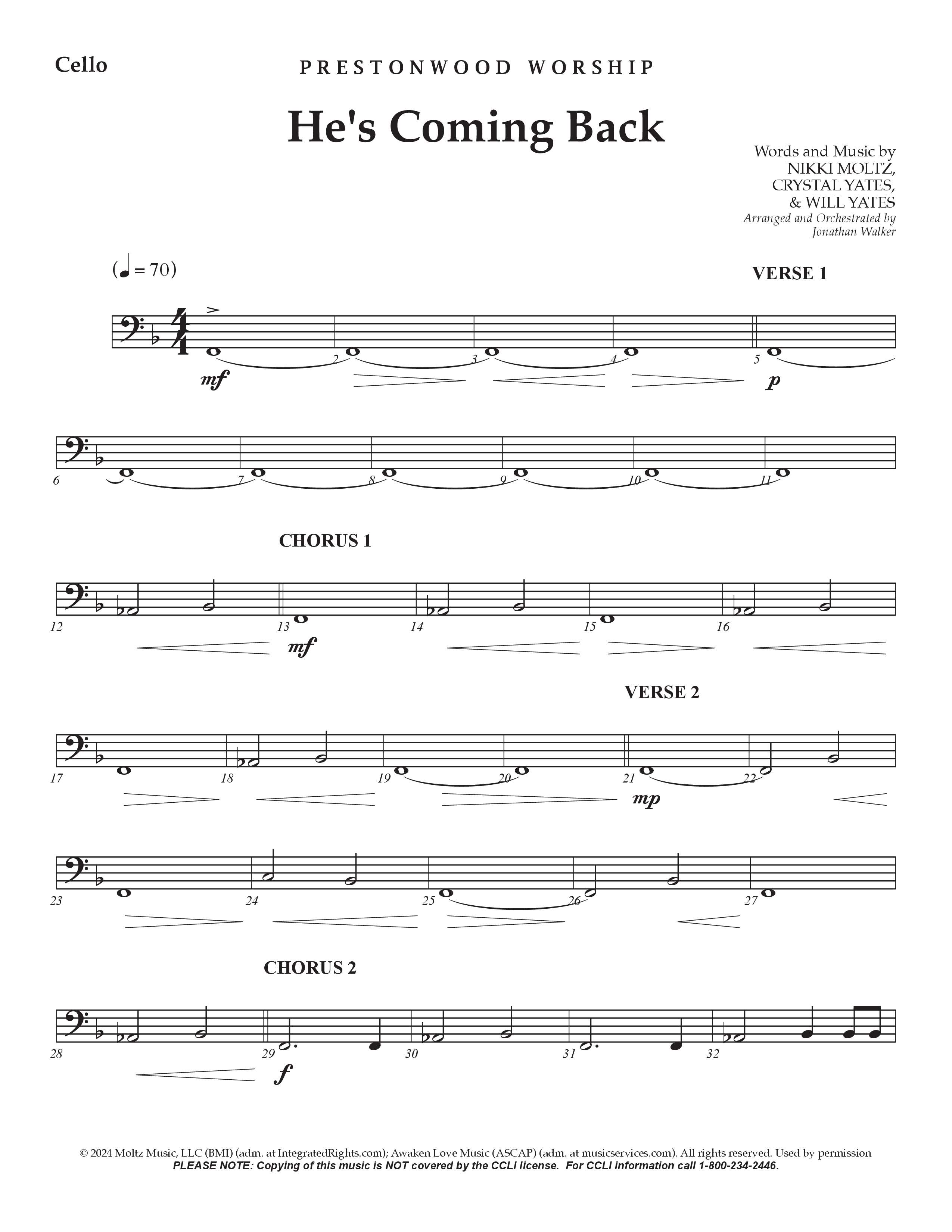 He's Coming Back (Choral Anthem SATB) Cello (Prestonwood Worship / Arr. Jonathan Walker)