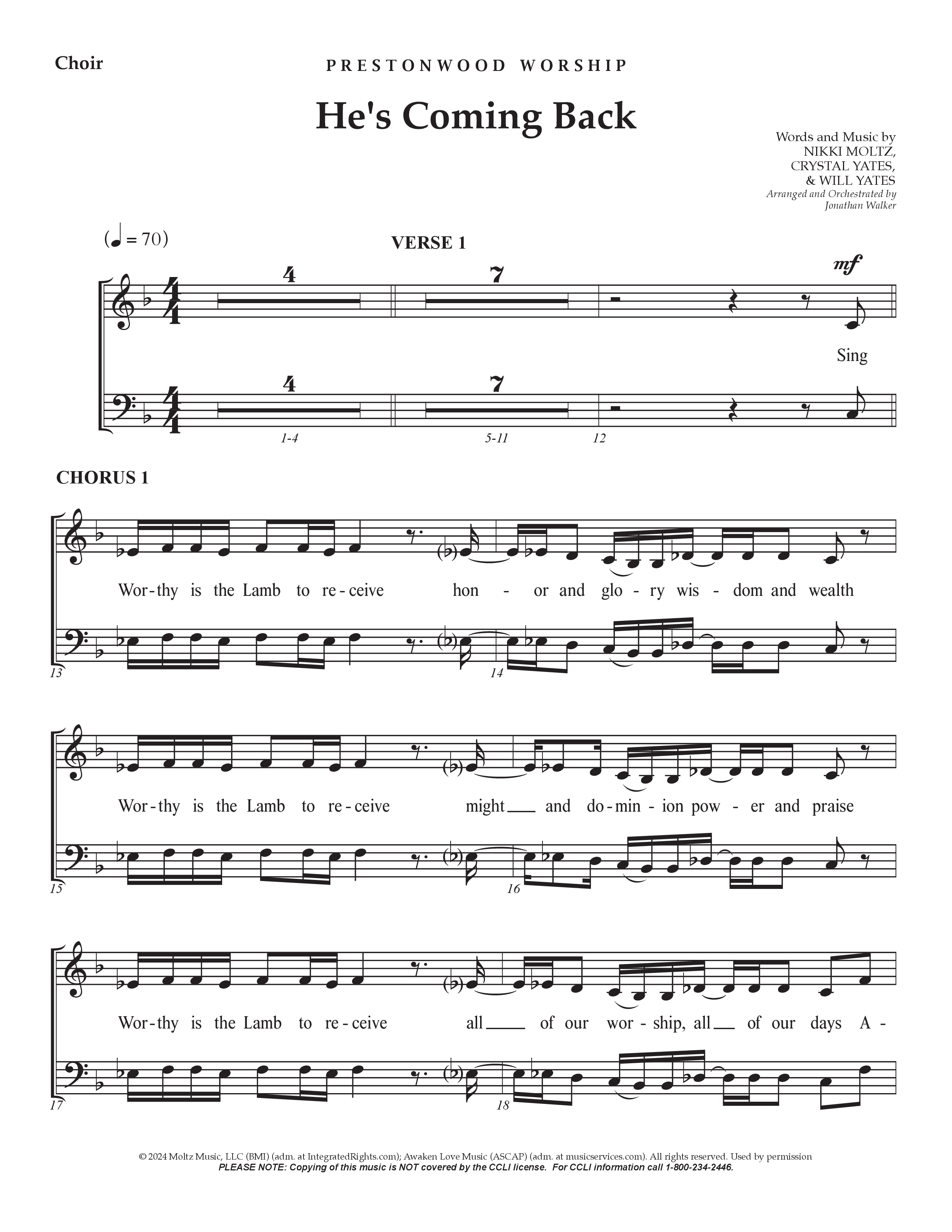 He's Coming Back (Choral Anthem SATB) Choral Vocal Pack (Prestonwood Worship / Arr. Jonathan Walker)