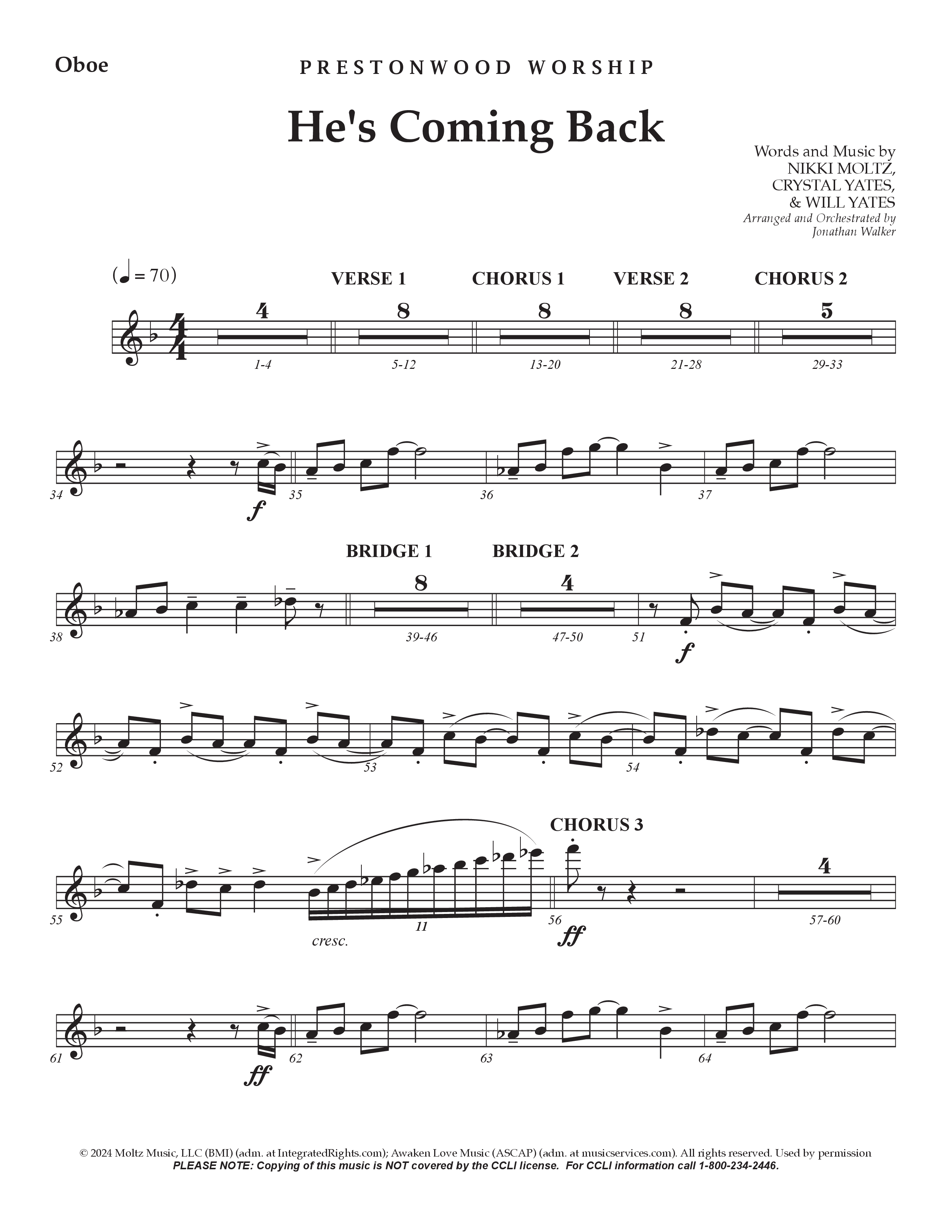 He's Coming Back (Choral Anthem SATB) Oboe (Prestonwood Worship / Arr. Jonathan Walker)