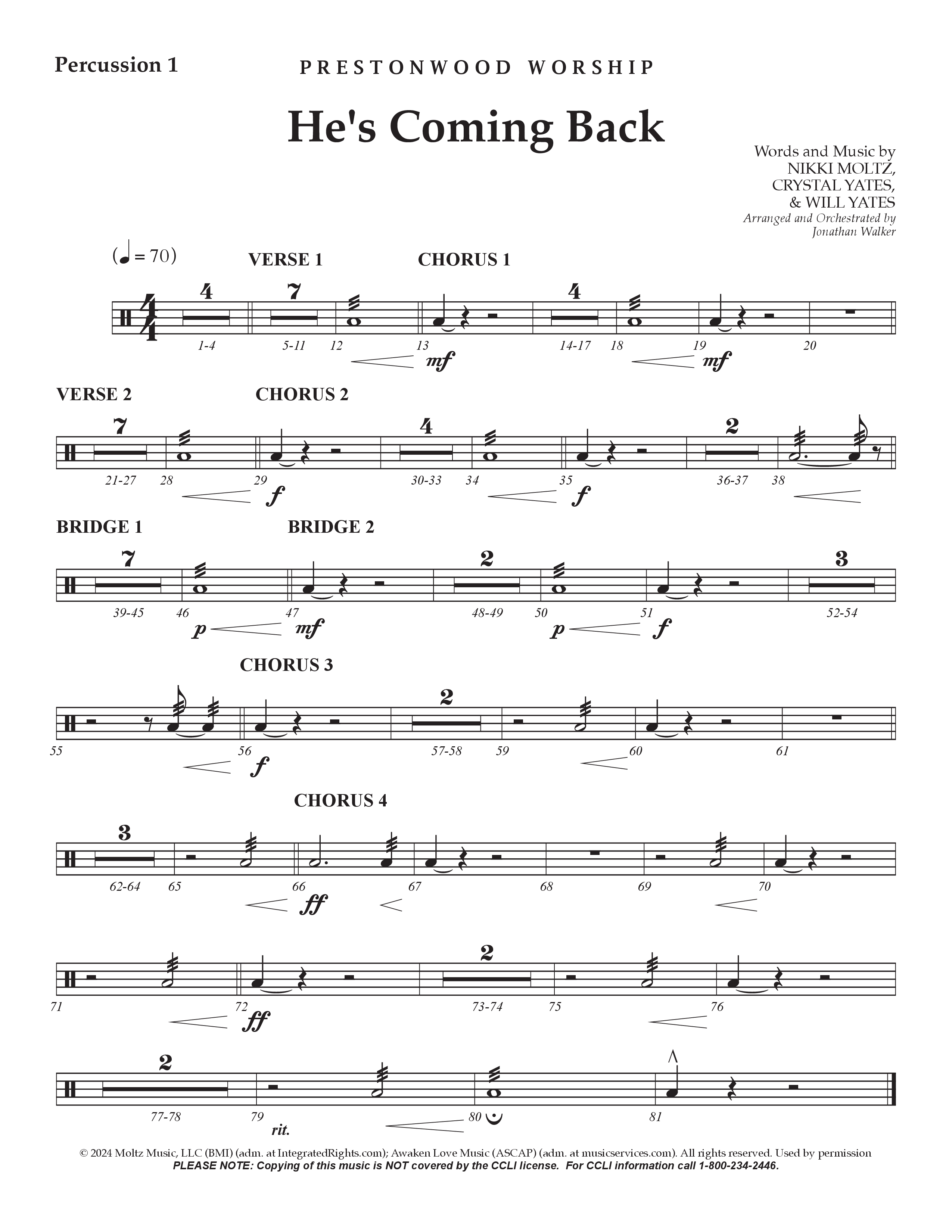 He's Coming Back (Choral Anthem SATB) Percussion (Prestonwood Worship / Arr. Jonathan Walker)