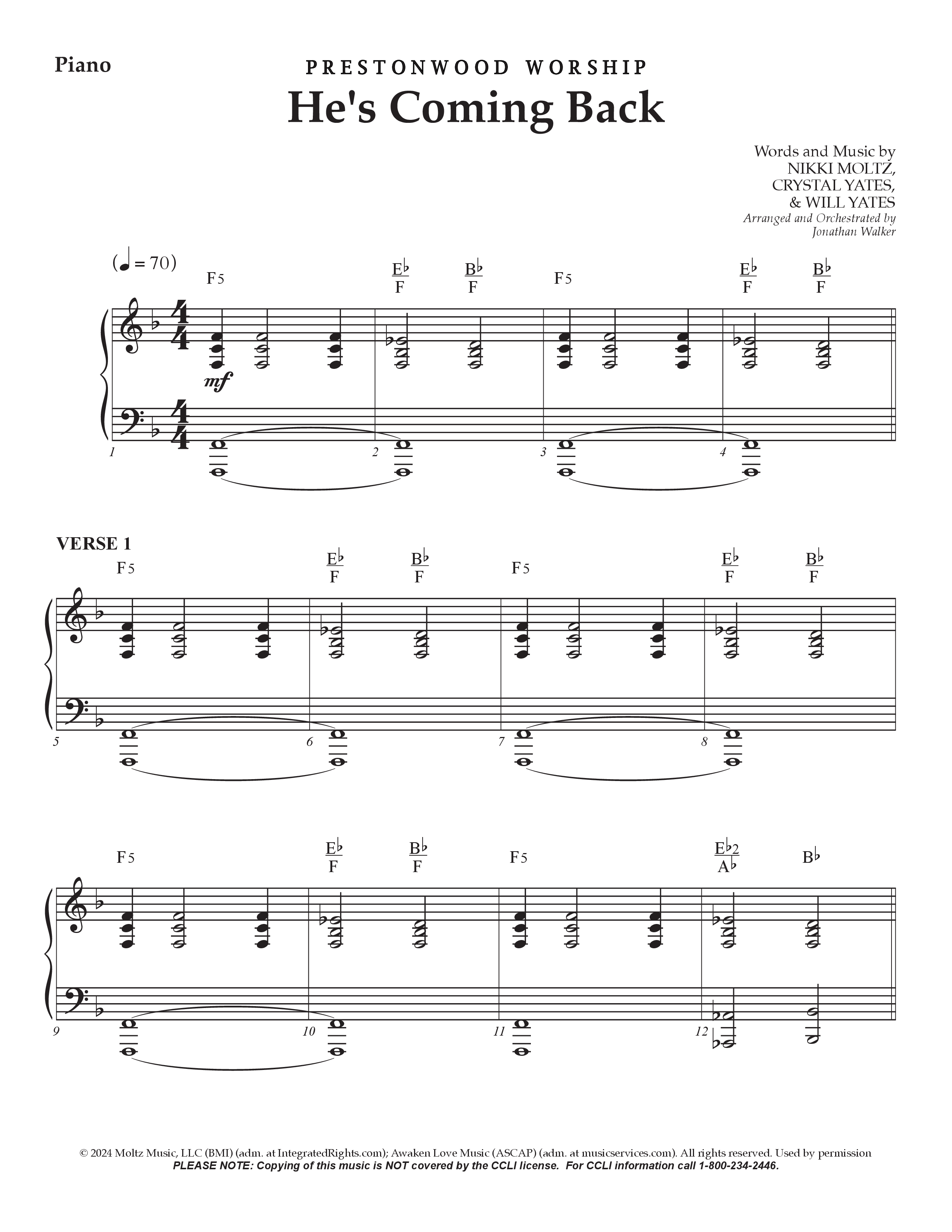 He's Coming Back (Choral Anthem SATB) Piano Sheet (Prestonwood Worship / Arr. Jonathan Walker)