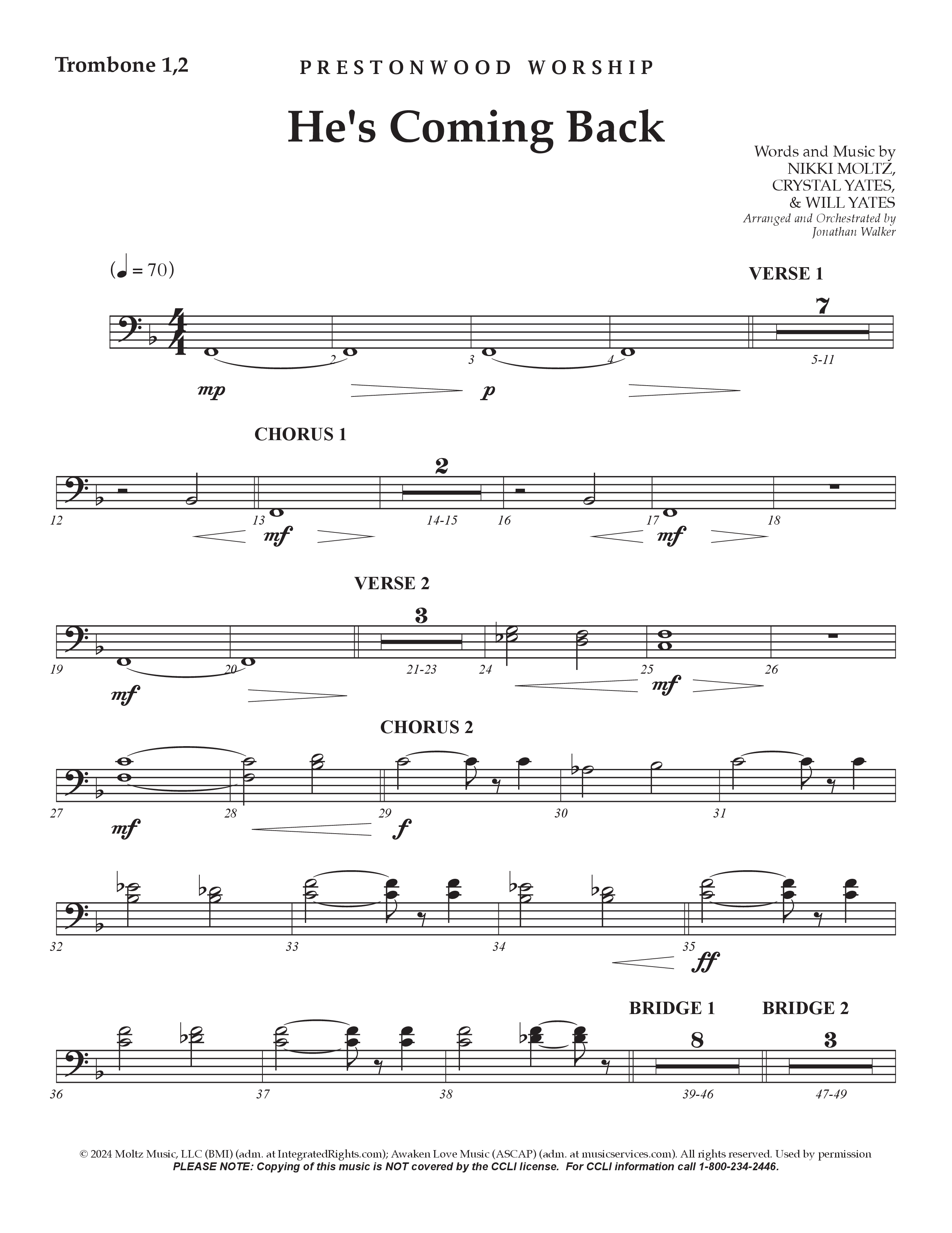 He's Coming Back (Choral Anthem SATB) Trombone 1/2 (Prestonwood Worship / Arr. Jonathan Walker)