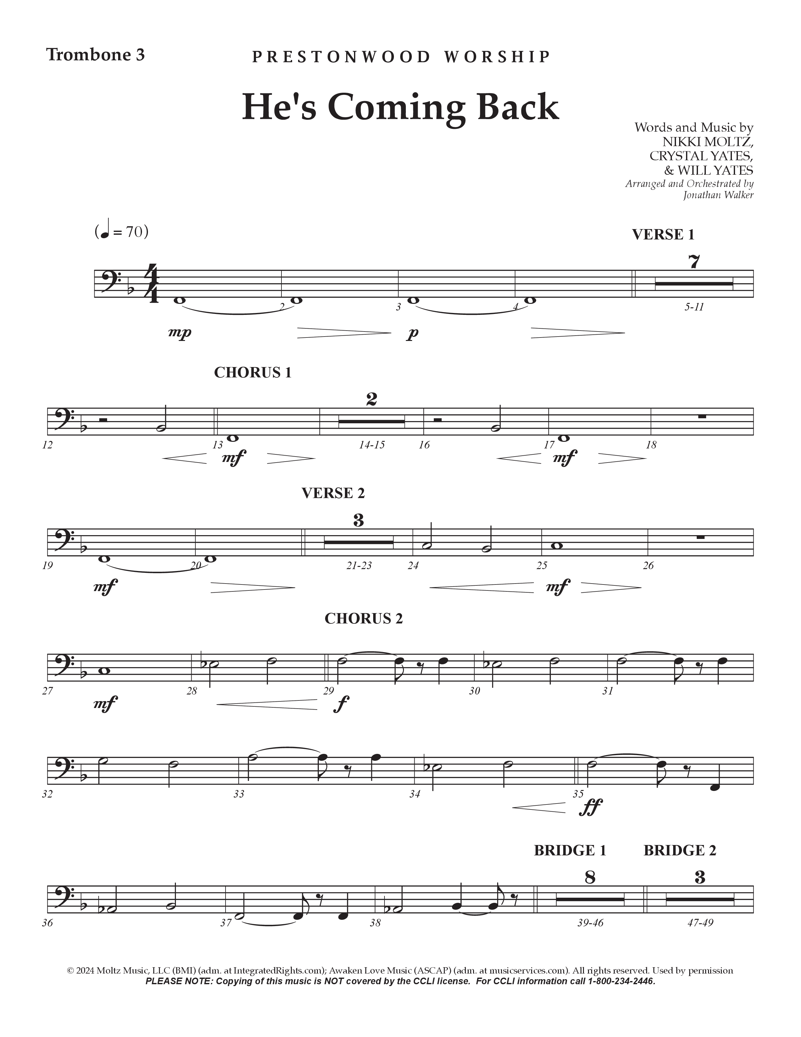 He's Coming Back (Choral Anthem SATB) Trombone 3 (Prestonwood Worship / Arr. Jonathan Walker)