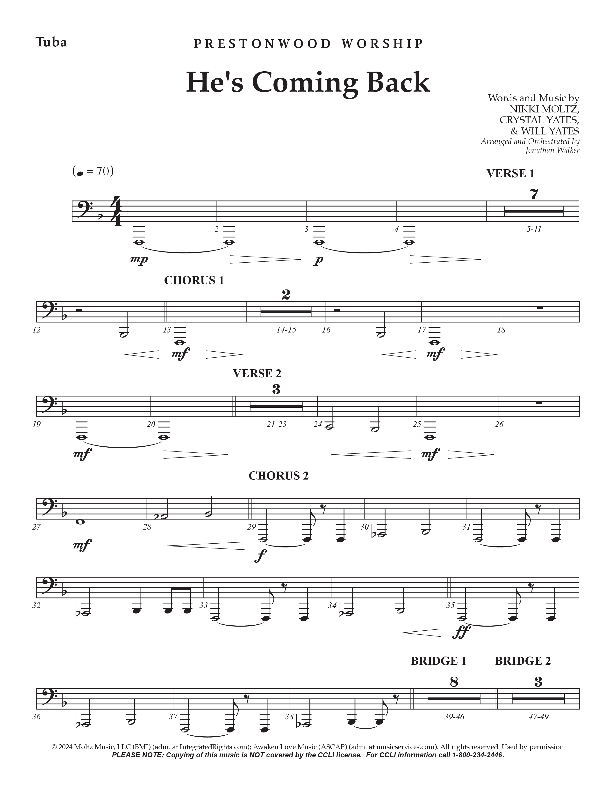 He's Coming Back (Choral Anthem SATB) Tuba (Prestonwood Worship / Arr. Jonathan Walker)