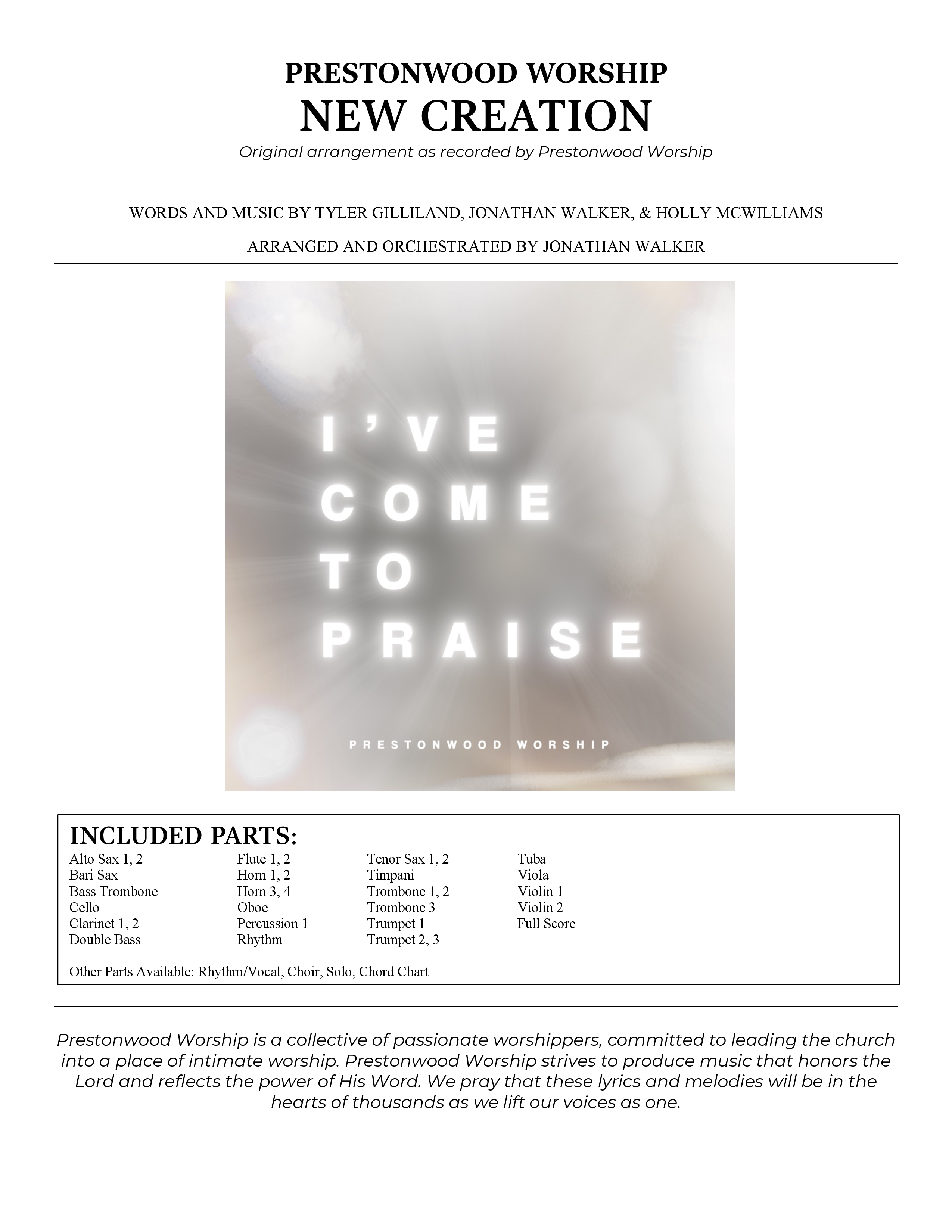 New Creation (Choral Anthem SATB) Orchestration (Prestonwood Worship / Arr. Jonathan Walker)