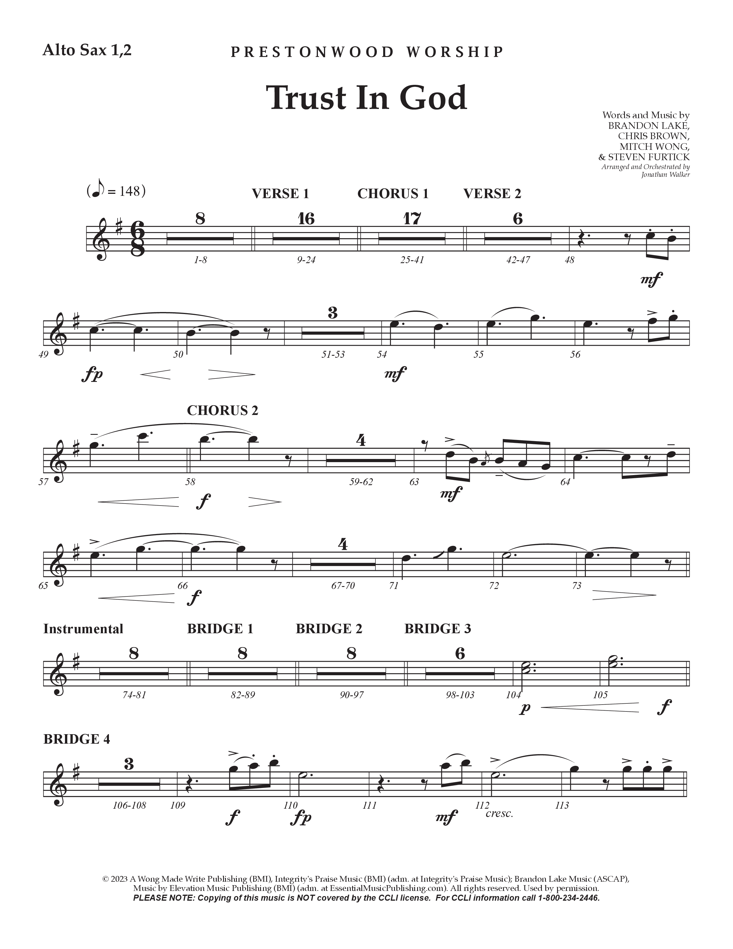 Trust In God (Choral Anthem SATB) Alto Sax 1/2 (Prestonwood Worship / Arr. Jonathan Walker)