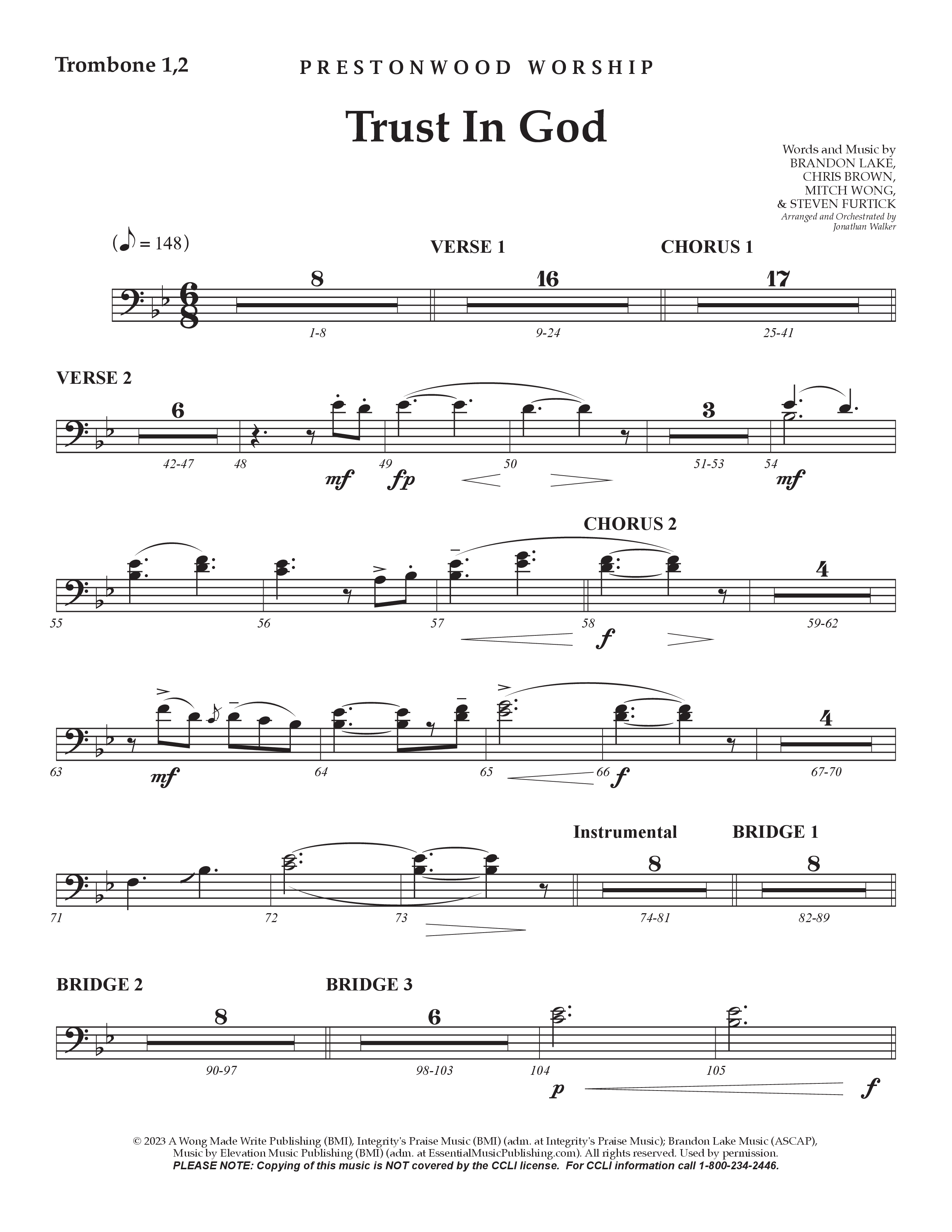Trust In God (Choral Anthem SATB) Trombone 1/2 (Prestonwood Worship / Arr. Jonathan Walker)