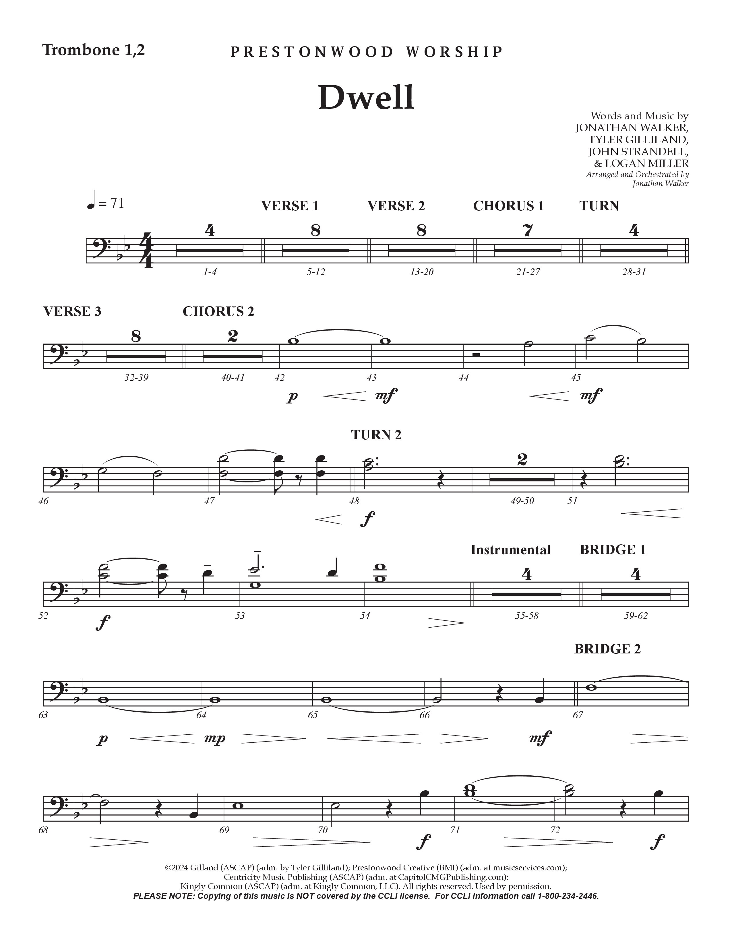 Dwell (Choral Anthem SATB) Trombone 1/2 (Prestonwood Worship / Arr. Jonathan Walker)