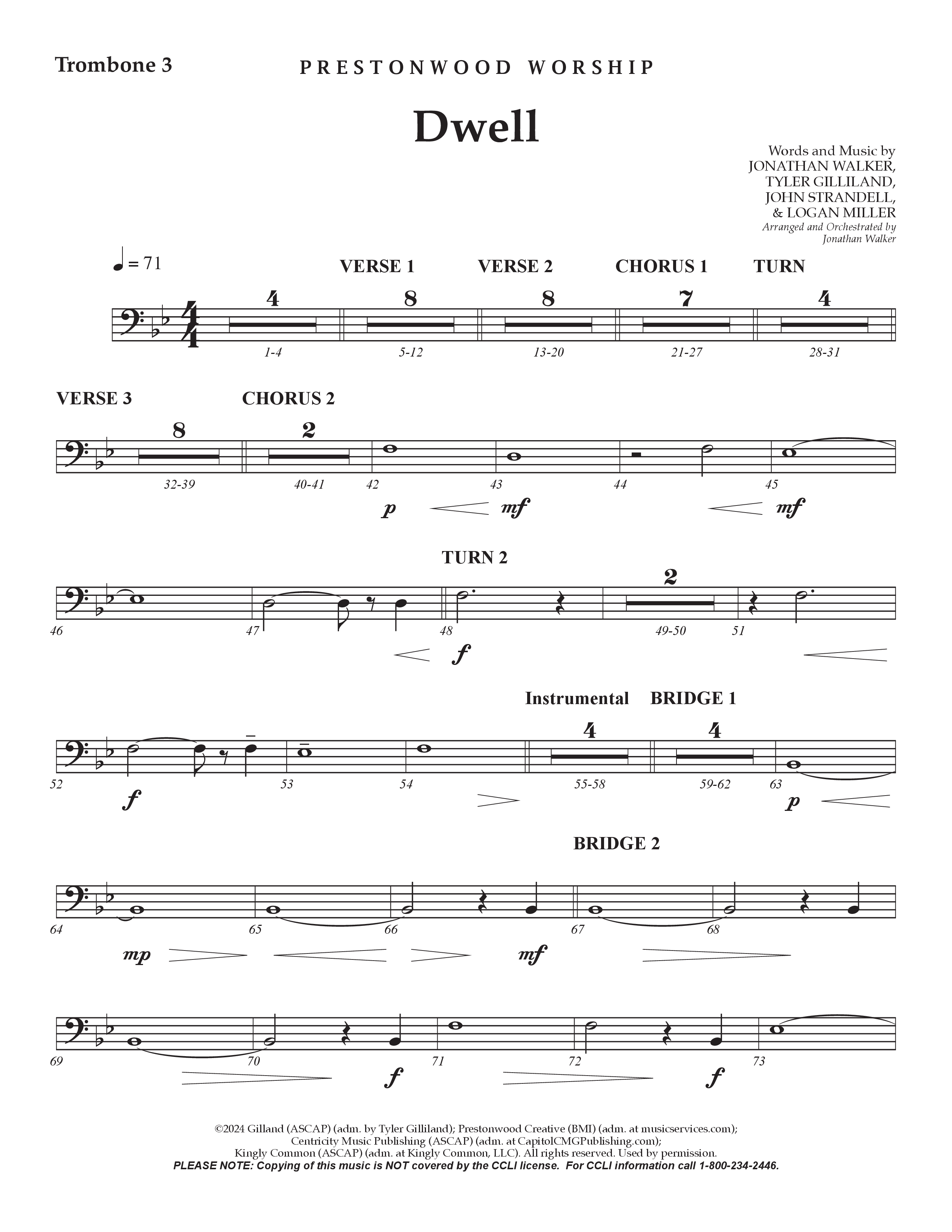 Dwell (Choral Anthem SATB) Trombone 3 (Prestonwood Worship / Arr. Jonathan Walker)