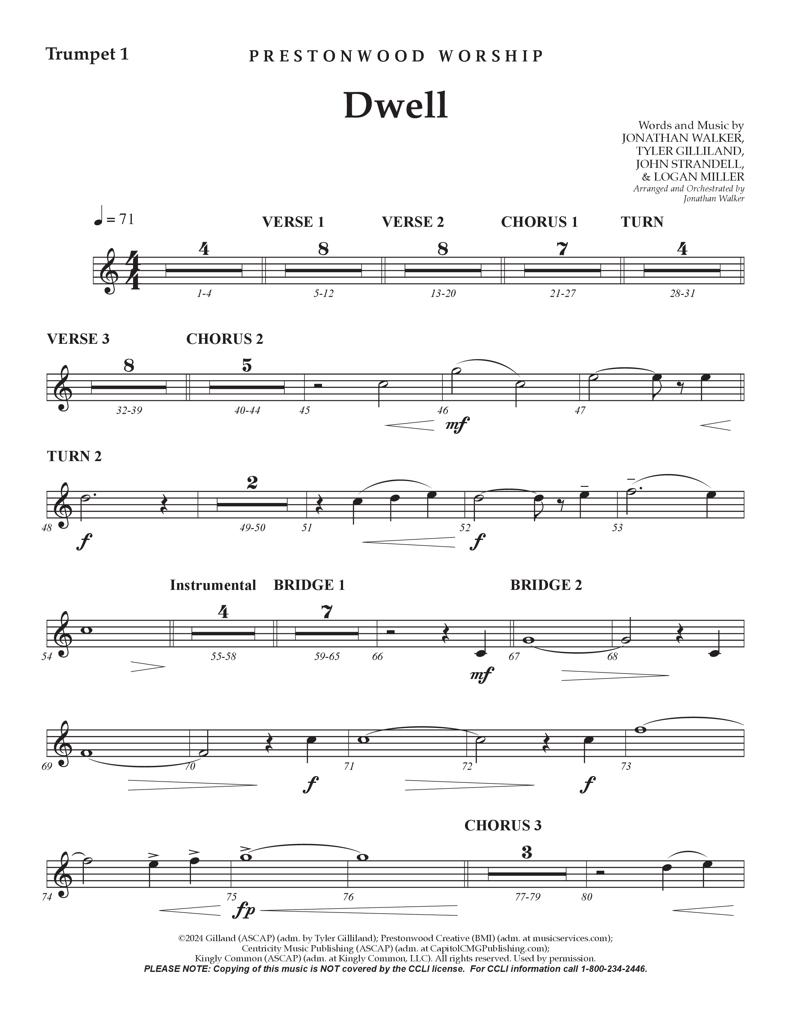 Dwell (Choral Anthem SATB) Trumpet 1 (Prestonwood Worship / Arr. Jonathan Walker)