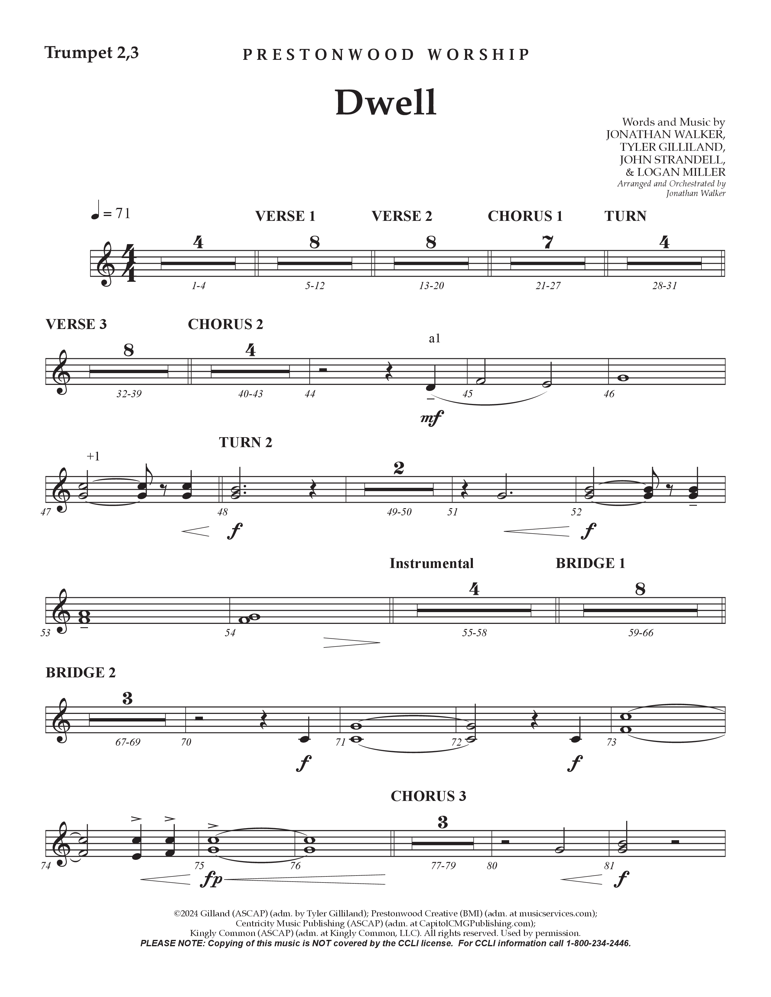 Dwell (Choral Anthem SATB) Trumpet 2/3 (Prestonwood Worship / Arr. Jonathan Walker)