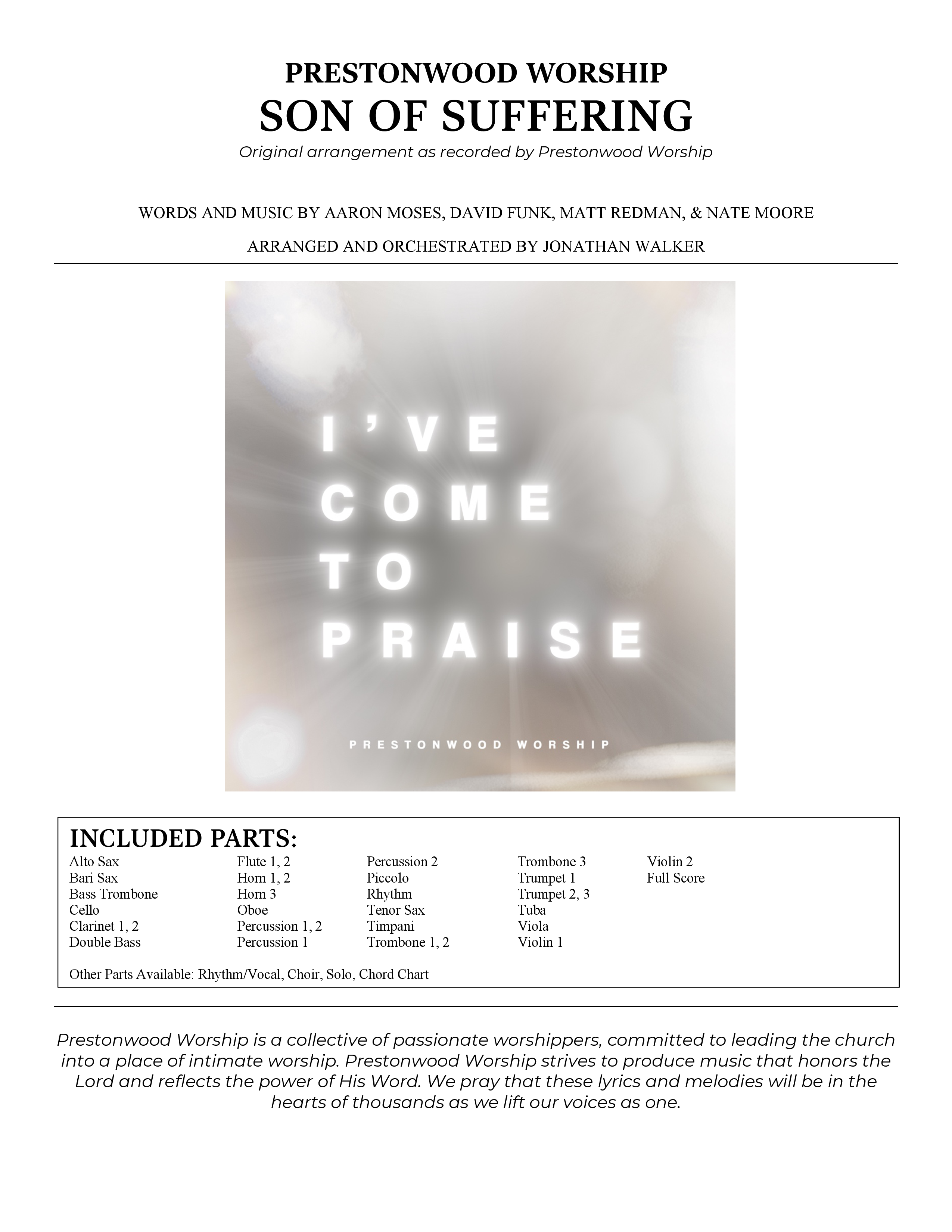 Son Of Suffering (Choral Anthem SATB) Orchestration (Prestonwood Worship / Arr. Jonathan Walker)