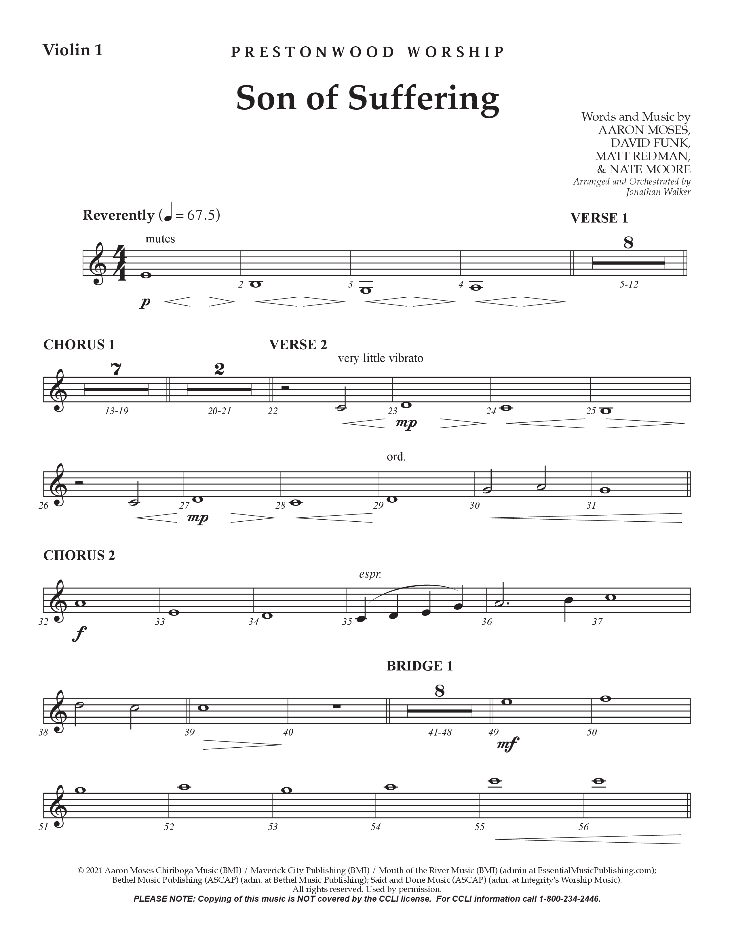 Son Of Suffering (Choral Anthem SATB) Violin 1 (Prestonwood Worship / Arr. Jonathan Walker)