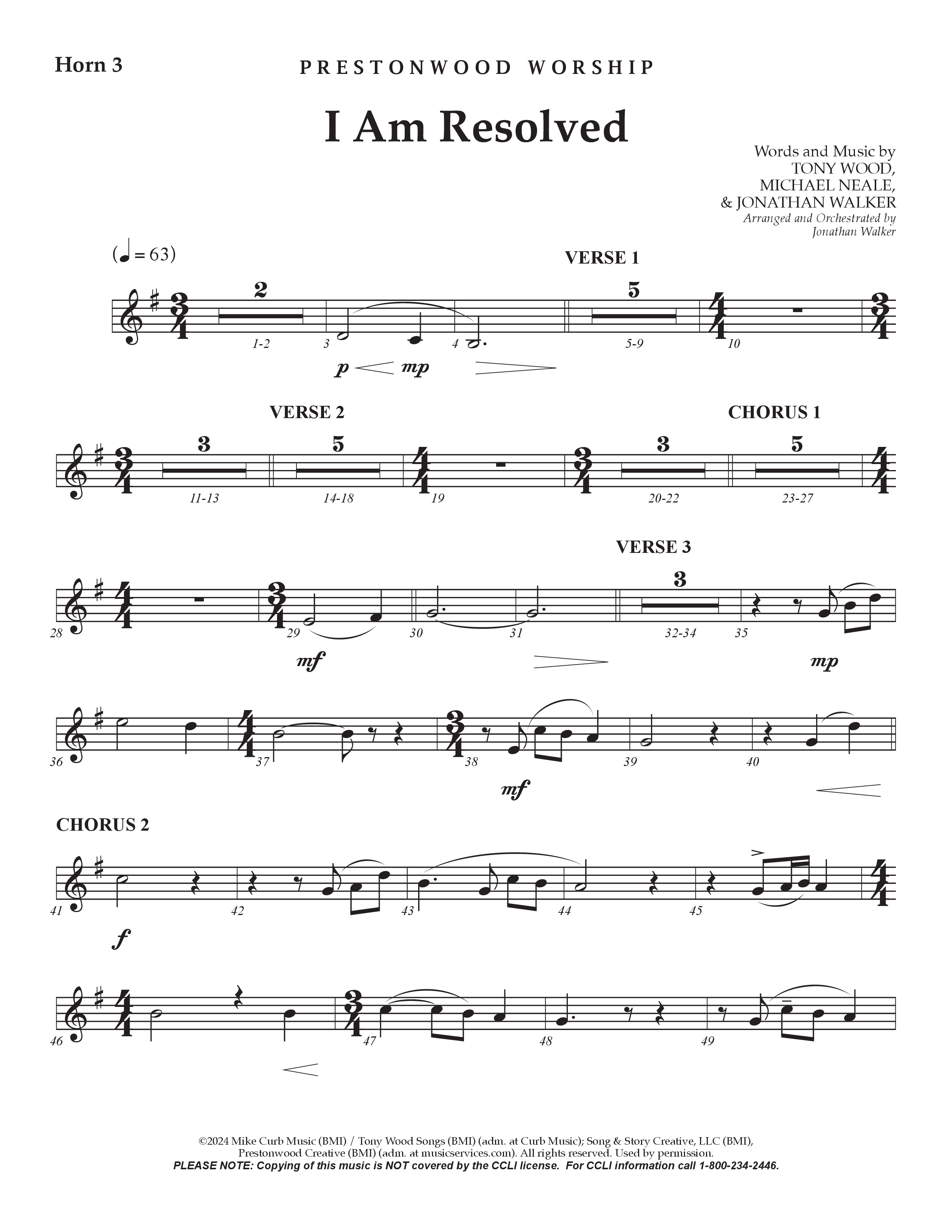 I Am Resolved (Choral Anthem SATB) French Horn 3 (Prestonwood Worship / Arr. Jonathan Walker)