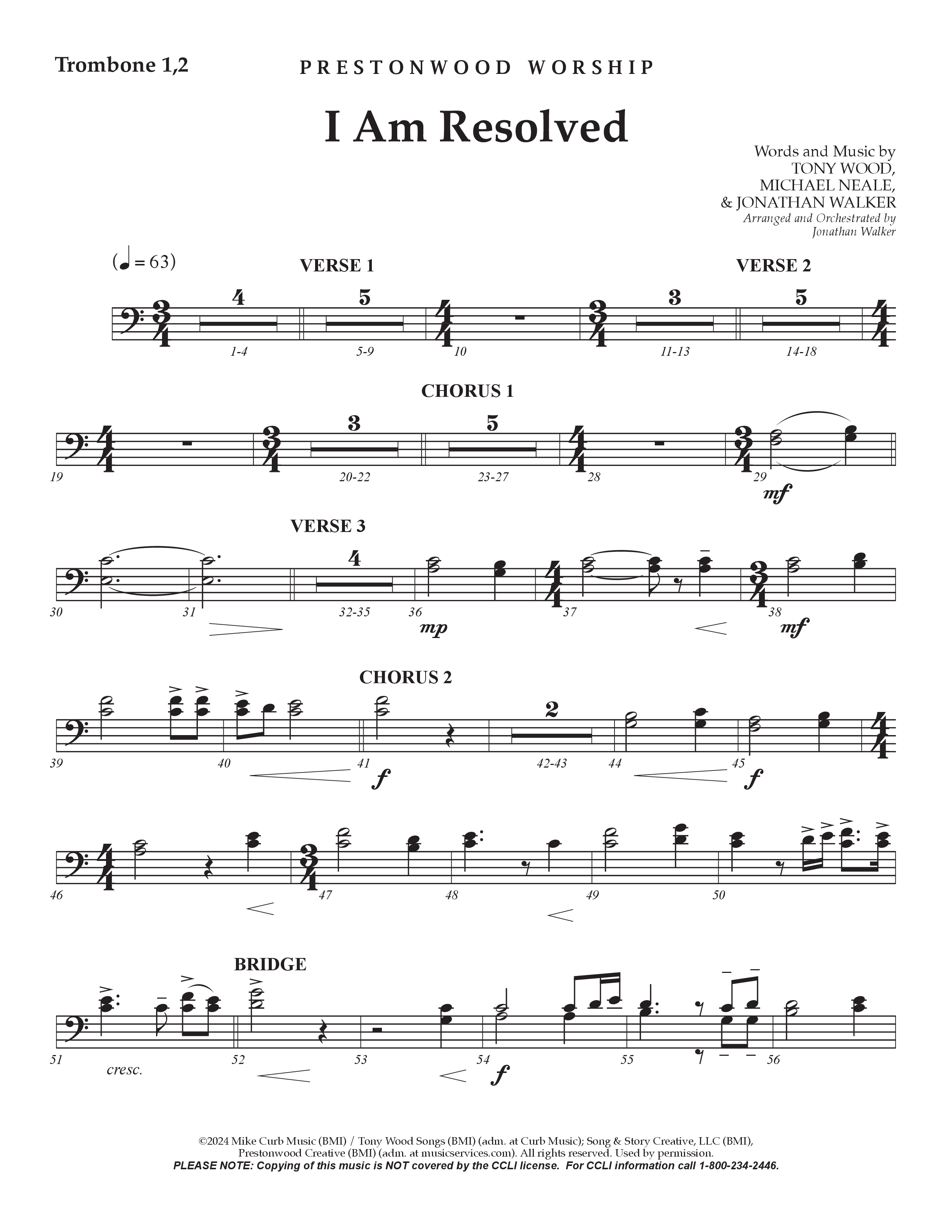 I Am Resolved (Choral Anthem SATB) Trombone 1/2 (Prestonwood Worship / Arr. Jonathan Walker)