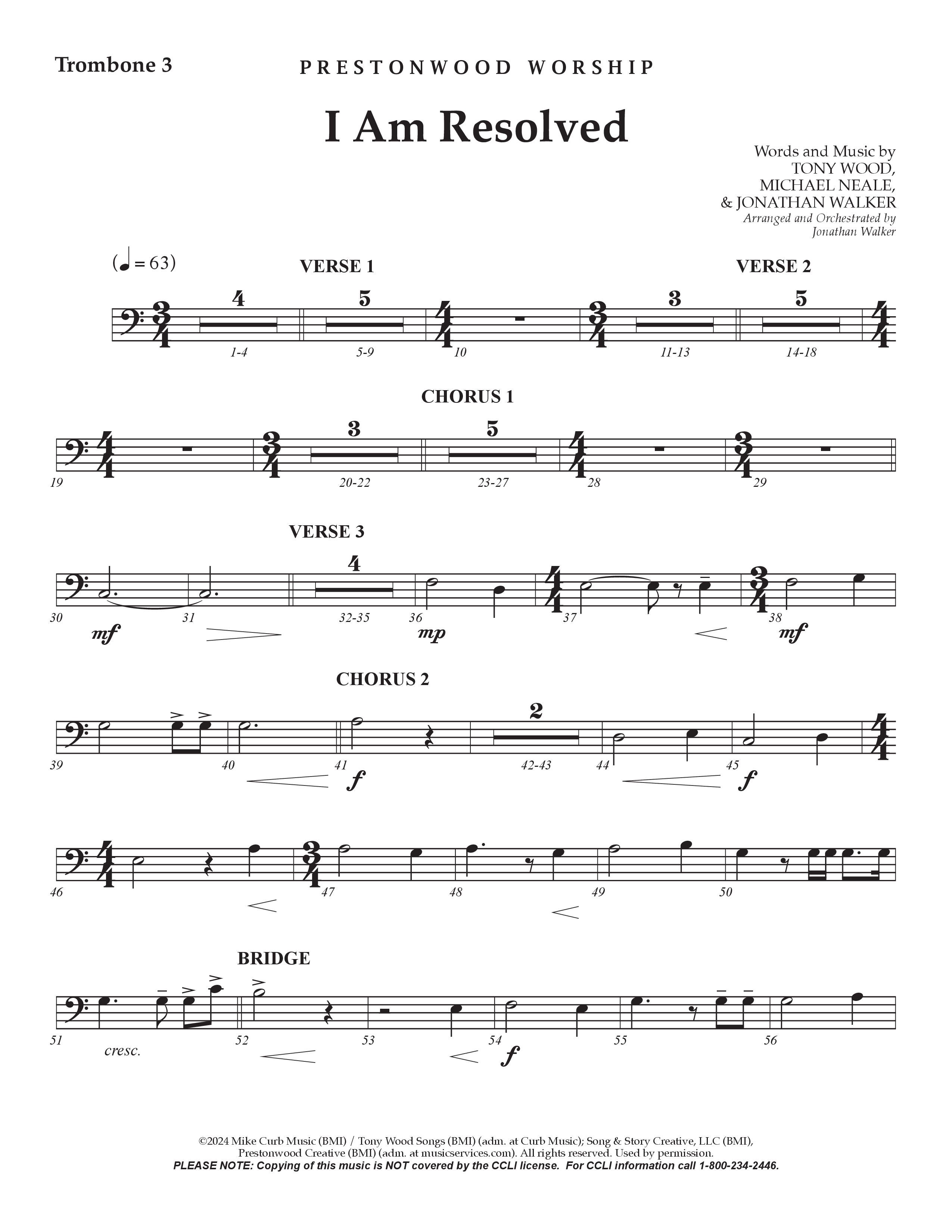 I Am Resolved (Choral Anthem SATB) Trombone 3 (Prestonwood Worship / Arr. Jonathan Walker)