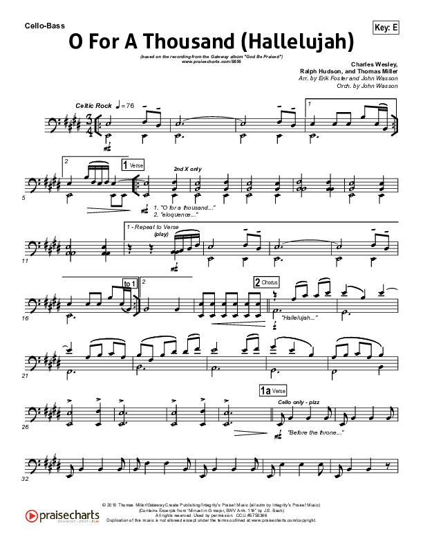 O For A Thousand Cello/Bass (Gateway Worship)