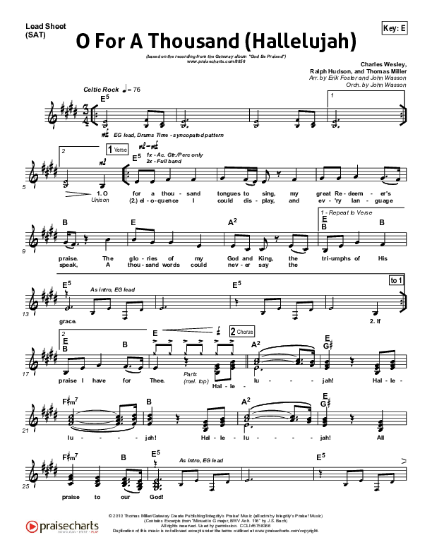 O For A Thousand Lead Sheet (Gateway Worship)