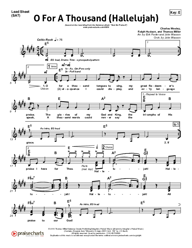 O For A Thousand Lead Sheet (SAT) (Gateway Worship)
