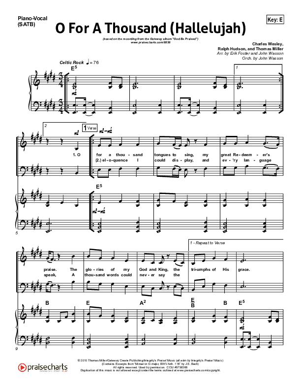 O For A Thousand Piano/Vocal (Gateway Worship)