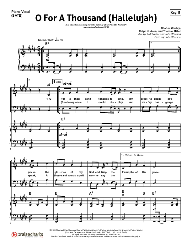 O For A Thousand Piano/Vocal (SATB) (Gateway Worship)